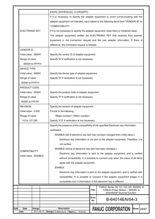 [HIGH], [SCHEDULE], or [URGENT].

                                      If it is necessary to specify the adapter equipment to avoid communicating with the

                                      adapter equipment not intended, input values to the following items from "VENDOR ID" to

                                      "COMPATIBILITY".

       ELECTRONIC KEY                 If it is not necessary to specify the adapter equipment, keep them to initialized value.

                                      The adapter equipment verifies the ELECTRONIC KEY that received from scanner

                                      equipment in the connection request and the own adapter information. If there is

                                      difference, the connection request is refused.

       VENDOR ID

       Initial value : 0000H          Specify the vendor ID of adapter equipment.

       Range of value:                Specify "0" if verification is not necessary.

              0000H to FFFFH

       DEVICE TYPE

       Initial value : 0000H          Specify the device type of adapter equipment.

       Range of value:                Specify "0" if verification is not necessary.

         0000H to FFFFH

       PRODUCT CODE

       Initial value : 0000H          Specify the product code of adapter equipment.

       Range of value:                Specify "0" if verification is not necessary.

         0000H to FFFFH

       REVISION                       Specify the revision of adapter equipment.

       Initial value : 0.000          Format is the following.

       Range of value :                    <Major number>.<Minor number>

          0.0 to 127.255              Specify "0.0" if verification is not necessary.

                                      Specify the presence of the compatibility of the specified Electronic key information

                                      verification.

                                           DISABLE (All of electronic key item has not been changed from initial value.):

                                                Electronic key information is not sent to the adapter equipment. Therefore, it is

                                                not verified.

                                           DISABLE (Some of electronic key item had been changed.):
       COMPATIBILITY
                                                Electronic key information is sent to the adapter equipment, and is verified
       Initial value : DISABLE
                                                without compatibility. It is possible to connect only when the value of all items

                                                agree with the adapter equipment.

                                           ENABLE:

                                                Electronic key information is sent to the adapter equipment, and is verified with

                                                compatibility. It is possible to connect if the adapter equipment judges it is

                                                compatible even if information of the electronic key is different.

                                                                                        FANUC Series 30i /31i /32i /35i -MODEL B
                                                                                Title      FANUC Power Motion i -MODEL A
                                                                                             EtherNet/IP Scanner function
                                                                                Draw
                                                                                 No.           B-64014EN/04-3

Edit      Date      Design                     Description                                                               Sheet   29/87
       Date           2011.08.10   Design S.Matsukura    Apprv.    N.Mutai
 