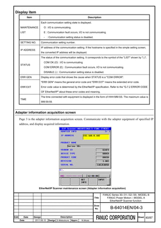 Display item
               Item                                                          Description

                               Each communication setting state is displayed.

        MAINTENANCE              O : I/O is communicating.

        LIST                     E : Communication fault occurs, I/O is not communicating.

                                 - : Communication setting status is disabled.

        SETTING NO.            Communication setting number.

                               IP address of the communication setting. If the hostname is specified in the simple setting screen,
        IP ADDRESS
                               the converted IP address will be displayed.

                               The status of the communication setting. It corresponds to the symbol of the "LIST" shown by "( )".

                                 COM OK (O) : I/O is communicating
        STATUS
                                 COM ERROR (E) : Communication fault occurs, I/O is not communicating.

                                 DISABLE (-) : Communication setting status is disabled.

        ERR GEN                Display error code that shows the cause when STATUS is a "COM ERROR".

                               "ERR GEN" means the general error code and "ERR EXT" means the extended error code.

        ERR EXT                Error code value is determined by the EtherNet/IP specification. Refer to the "G.7.2 ERROR CODE

                               OF EtherNet/IP" about these error codes and meaning.

                               The time connected with equipment is displayed in the form of HHH:MM:SS. The maximum value is
        TIME
                               999:59:59.



 Adapter information acquisition screen

       Page 3 is the adapter information acquisition screen. Communicate with the adapter equipment of specified IP
       address, and display acquired information.




                          EtherNet/IP Scanner maintenance screen (Adapter information acquisition)

                                                                                           FANUC Series 30i /31i /32i /35i -MODEL B
                                                                                  Title       FANUC Power Motion i -MODEL A
                                                                                                EtherNet/IP Scanner function
                                                                                  Draw
                                                                                   No.           B-64014EN/04-3

Edit      Date        Design                     Description                                                              Sheet   40/87
       Date            2011.08.10    Design S.Matsukura    Apprv.    N.Mutai
 