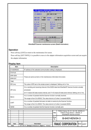 EtherNet/IP Scanner maintenance screen (Detail information)



 Operation
       Press soft key [LIST] to return to the maintenance list screen.
       Press soft key [GET INFO], it is possible to move to the adapter information acquisition screen and can acquire
       the adapter information.


 Display item
               Item                                                           Description

       IP ADDRESS              IP address of the selected communication setting is displayed.

       STATUS

       ERR GEN
                               These are same as items in the maintenance information list screen.
       ERR EXT

       TIME

       RPI (ms)                The value of RPI set in the simple screen is displayed. Setting unit is 1ms.

                               It is a sending and receiving interval of the DI/DO data that EtherNet/IP Scanner function actually

       API (ms)                processed.

                               O=>T means DO data receive interval, and T=>O means DI data send interval. Setting unit is 1ms.

                               It is a number of packets that the Scanner function normally received.
       RECV
                               The range is from 0 to 65535. The value returns to 0 when it exceeds 65535.

                               It is a number of packets that were not able to receive by the Scanner function.
       LOST
                               The range is from 0 to 65535. The value returns to 0 when it exceeds 65535.

       SEND                    It is a number of packets that the Scanner function normally sent.

                                                                                         FANUC Series 30i /31i /32i /35i -MODEL B
                                                                                 Title      FANUC Power Motion i -MODEL A
                                                                                              EtherNet/IP Scanner function
                                                                                 Draw
                                                                                  No.           B-64014EN/04-3

Edit       Date       Design                    Description                                                              Sheet   42/87
        Date           2011.08.10   Design S.Matsukura    Apprv.    N.Mutai
 