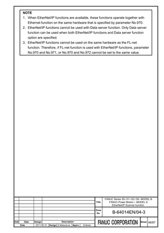 NOTE
         1. When EtherNet/IP functions are available, these functions operate together with
            Ethernet function on the same hardware that is specified by parameter No.970.
         2. EtherNet/IP functions cannot be used with Data server function. Only Data server
            function can be used when both EtherNet/IP functions and Data server function
            option are specified.
         3. EtherNet/IP functions cannot be used on the same hardware as the FL-net
            function. Therefore, if FL-net function is used with EtherNet/IP functions, parameter
            No.970 and No.971, or No.970 and No.972 cannot be set to the same value.




                                                                               FANUC Series 30i /31i /32i /35i -MODEL B
                                                                       Title      FANUC Power Motion i -MODEL A
                                                                                    EtherNet/IP Scanner function
                                                                       Draw
                                                                        No.          B-64014EN/04-3

Edit      Date   Design                  Description                                                         Sheet   48/87
       Date       2011.08.10   Design S.Matsukura   Apprv.   N.Mutai
 