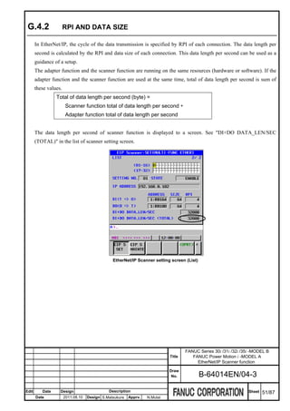 G.4.2                 RPI AND DATA SIZE

       In EtherNet/IP, the cycle of the data transmission is specified by RPI of each connection. The data length per
       second is calculated by the RPI and data size of each connection. This data length per second can be used as a
       guidance of a setup.
       The adapter function and the scanner function are running on the same resources (hardware or software). If the
       adapter function and the scanner function are used at the same time, total of data length per second is sum of
       these values.
                 Total of data length per second (byte) =
                       Scanner function total of data length per second +
                       Adapter function total of data length per second


       The data length per second of scanner function is displayed to a screen. See "DI+DO DATA_LEN/SEC
       (TOTAL)" in the list of scanner setting screen.




                                                EtherNet/IP Scanner setting screen (List)




                                                                                    FANUC Series 30i /31i /32i /35i -MODEL B
                                                                            Title      FANUC Power Motion i -MODEL A
                                                                                         EtherNet/IP Scanner function
                                                                            Draw
                                                                             No.            B-64014EN/04-3

Edit      Date     Design                     Description                                                         Sheet   51/87
       Date            2011.08.10   Design S.Matsukura   Apprv.   N.Mutai
 