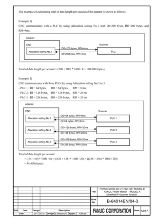The example of calculating total of data length per second of the adapter is shown as follows.


       Example 1)
       CNC communicates with a PLC by using Allocation setting No.1 with DI=200 bytes, DO=200 bytes, and
       RPI=4ms.

               Adapter

               CNC                                                                   Scanner
                                                  DO=200 bytes, RPI=4ms
                 Allocation setting No.1                                                       PLC
                                                  DI=200bytes, RPI=4ms




       Total of data length per second = (200 + 200) * 1000 / 4 = 100,000 (bytes)


       Example 2)
       CNC communicates with three PLCs by using Allocation setting No.1 to 3.
       - PLC 1 : DI = 64 bytes,         DO = 64 bytes,       RPI = 8 ms
       - PLC 2 : DI = 128 bytes,        DO = 128 bytes,      RPI = 20 ms
       - PLC 3 : DI = 256 bytes,        DO = 256 bytes,      RPI = 20 ms

              Adapter

              CNC                                                                    Scanner
                                                 DO=64 bytes, RPI=8ms
                 Allocation setting No.1                                                       PLC 1
                                                 DI=64 bytes, RPI=8ms

                                                 DO=128 bytes, RPI=20ms
                 Allocation setting No.2                                                       PLC 2
                                                 DI=128 bytes, RPI=20ms

                                                 DO=256 bytes, RPI=20ms
                 Allocation setting No.3                                                       PLC 3
                                                 DI=256 bytes, RPI=20ms



       Total of data length per second
              = ((64 + 64) * 1000 / 8) + ((128 + 128) * 1000 / 20) + ((256 + 256) * 1000 / 20))
              = 54,400 (bytes)




                                                                                     FANUC Series 30i /31i /32i /35i -MODEL B
                                                                             Title      FANUC Power Motion i -MODEL A
                                                                                          EtherNet/IP Scanner function
                                                                             Draw
                                                                              No.          B-64014EN/04-3

Edit      Date       Design                    Description                                                         Sheet   53/87
       Date             2011.08.10   Design S.Matsukura   Apprv.   N.Mutai
 