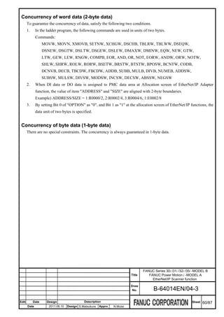 Concurrency of word data (2-byte data)
       To guarantee the concurrency of data, satisfy the following two conditions.
       1.     In the ladder program, the following commands are used in units of two bytes.
              Commands:
                   MOVW, MOVN, XMOVB, SETNW, XCHGW, DSCHB, TBLRW, TBLWW, DSEQW,
                   DSNEW, DSGTW, DSLTW, DSGEW, DSLEW, DMAXW, DMINW, EQW, NEW, GTW,
                   LTW, GEW, LEW, RNGW, COMPB, EOR, AND, OR, NOT, EORW, ANDW, ORW, NOTW,
                   SHLW, SHRW, ROLW, RORW, BSETW, BRSTW, BTSTW, BPOSW, BCNTW, CODB,
                   DCNVB, DECB, TBCDW, FBCDW, ADDB, SUBB, MULB, DIVB, NUMEB, ADDSW,
                   SUBSW, MULSW, DIVSW, MODSW, INCSW, DECSW, ABSSW, NEGSW
       2.     When DI data or DO data is assigned to PMC data area at Allocation screen of EtherNet/IP Adapter
              function, the value of item "ADDRESS" and "SIZE" are aligned with 2-byte boundaries.
              Example) ADDRESS/SIZE = 1:R0000/2, 2:R0002/4, 3:R0004/6, 1:E0002/8
       3.     By setting Bit 0 of "OPTION" as "0", and Bit 1 as "1" at the allocation screen of EtherNet/IP functions, the
              data unit of two bytes is specified.


 Concurrency of byte data (1-byte data)
       There are no special constraints. The concurrency is always guaranteed in 1-byte data.




                                                                                   FANUC Series 30i /31i /32i /35i -MODEL B
                                                                           Title      FANUC Power Motion i -MODEL A
                                                                                        EtherNet/IP Scanner function
                                                                           Draw
                                                                            No.          B-64014EN/04-3

Edit        Date     Design                  Description                                                         Sheet   60/87
       Date           2011.08.10   Design S.Matsukura   Apprv.   N.Mutai
 