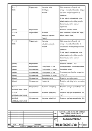 O => T                   4th parameter         Numerical value             If this parameter is "PramN" or is
        SIZE                                           (Unit:byte)                 empty, it means that the setting of input
                                                       ParamN                      size of the adapter equipment is
                                                                                   necessary.
                                                                                   At first, specify this parameter to the
                                                                                   adapter equipment, and then specify
                                                                                   the same value to the scanner
                                                                                   equipment.

        (None)                   5th parameter                                     This is the format of O => T.

        T => O                   6th parameter         Numerical                   If this parameter is PramN or is empty,
        RPI                                            value(Unit:μsecond)         specify the RPI value.
                                                       ParamN

        T => O                   7th parameter         Numerical                   If this parameter is "PramN" or is
        SIZE                                           value(Unit:μsecond)         empty, it means that the setting of
                                                       ParamN                      output size of the adapter equipment is
                                                                                   necessary.
                                                                                   At first, specify this parameter to the
                                                                                   adapter equipment, and then specify
                                                                                   the same value to the scanner
                                                                                   equipment.

        (None)                   8th parameter                                     This is the format of T => O.

        (None)                   9th parameter         Configuration #1 size       These parameters cannot be specified

        (None)                   10th parameter        Configuration #1 format     from setting screen

        (None)                   11th parameter        Configuration #2 size       If necessary, use the other companies

        (None)                   12th parameter        Configuration #2 format     setting tool.

        (None)                   13th parameter        Connection name             This is the connection name.

        (None)                   14th parameter        Help string                 This is the help string for the connection
                                                                                   name.

        O => T                   15th parameter        Numerical value (Hex)       This is the one byte value after the 1st
        ASSEMBLY INSTANCE                                                          "2C".

        T => O                   15th parameter        Numerical value (Hex)       This is the one byte value after the 2nd
        ASSEMBLY INSTANCE                                                          "2C".

        CONFIG                   15th parameter        Numerical value (Hex)       This is the one byte value after the "24".
        ASSEMBLY INSTANCE




                                                                                  FANUC Series 30i /31i /32i /35i -MODEL B
                                                                          Title      FANUC Power Motion i -MODEL A
                                                                                       EtherNet/IP Scanner function
                                                                         Draw
                                                                          No.           B-64014EN/04-3

Edit      Date   Design                  Description                                                                Sheet    80/87
       Date       2011.08.10   Design S.Matsukura   Apprv.     N.Mutai
 