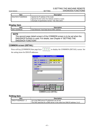 5.SETTING THE MACHINE REMOTE
B-64014EN/04                                      SETTING                 DIAGNOSIS FUNCTIONS

               Item                                                Description
    ROUTER IP ADDRESS          Specify the IP address of the router.
                               Specify this item when the network contains a router.
                               (Example of specification format: "192.168.0.253")


Display item
               Item                                                Description
    MAC ADDRESS                Fast Ethernet / Fast Data Server MAC address


     NOTE
       The second page (detail screen) of the COMMON screen is to be set when the
       DNS/DHCP function is used. For details, see Chapter 4 "SETTING THE
       DNS/DHCP FUNCTION".

COMMON screen (DETAIL)

   Press soft key [COMMON] then page keys                     to display the COMMON (DETAIL) screen. Set
   the setting items for DNS IP addresses.




                                             COMMON screen (DETAIL)


Setting item
               Item                                                Description
    DNS IP ADDRESS 1, 2        Up to two DNS server IP addresses can be set.
                               The CNC searches for a DNS server in the order from DNS IP address 1 to 2.




                                                     - 61 -
 