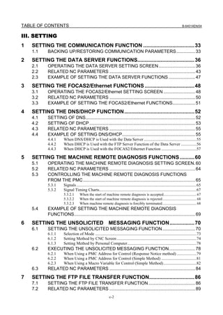TABLE OF CONTENTS                                                                                                                 B-64014EN/04


III. SETTING
1   SETTING THE COMMUNICATION FUNCTION ................................... 33
    1.1    BACKING UP/RESTORING COMMUNICATION PARAMETERS............... 33
2   SETTING THE DATA SERVER FUNCTIONS....................................... 36
    2.1    OPERATING THE DATA SERVER SETTING SCREEN ............................. 36
    2.2    RELATED NC PARAMETERS .................................................................... 43
    2.3    EXAMPLE OF SETTING THE DATA SERVER FUNCTIONS ..................... 47
3   SETTING THE FOCAS2/Ethernet FUNCTIONS .................................. 48
    3.1    OPERATING THE FOCAS2/Ethernet SETTING SCREEN ......................... 48
    3.2    RELATED NC PARAMETERS .................................................................... 50
    3.3    EXAMPLE OF SETTING THE FOCAS2/Ethernet FUNCTIONS.................. 51
4   SETTING THE DNS/DHCP FUNCTION................................................ 52
    4.1    SETTING OF DNS....................................................................................... 52
    4.2    SETTING OF DHCP .................................................................................... 53
    4.3    RELATED NC PARAMETERS .................................................................... 55
    4.4    EXAMPLE OF SETTING DNS/DHCP.......................................................... 55
           4.4.1      When DNS/DHCP is Used with the Data Server ...................................................55
           4.4.2      When DHCP is Used with the FTP Server Function of the Data Server ...............56
           4.4.3      When DHCP is Used with the FOCAS2/Ethernet Function ..................................57

5   SETTING THE MACHINE REMOTE DIAGNOSIS FUNCTIONS .......... 60
    5.1    OPERATING THE MACHINE REMOTE DIAGNOSIS SETTING SCREEN. 60
    5.2    RELATED NC PARAMETERS .................................................................... 64
    5.3    CONTROLLING THE MACHINE REMOTE DIAGNOSIS FUNCTIONS
           FROM THE PMC ......................................................................................... 65
           5.3.1      Signals ....................................................................................................................65
           5.3.2      Signal Timing Charts..............................................................................................67
                      5.3.2.1       When the start of machine remote diagnosis is accepted................................... 67
                      5.3.2.2       When the start of machine remote diagnosis is rejected.................................... 68
                      5.3.2.3       When machine remote diagnosis is forcibly terminated .................................... 68
    5.4    EXAMPLE OF SETTING THE MACHINE REMOTE DIAGNOSIS
           FUNCTIONS................................................................................................ 69
6   SETTING THE UNSOLICITED                                    MESSAGING FUNCTION................. 70
    6.1    SETTING THE UNSOLICITED MESSAGING FUNCTION .......................... 70
           6.1.1      Selection of Mode ..................................................................................................73
           6.1.2      Setting Method by CNC Screen .............................................................................74
           6.1.3      Setting Method by Personal Computer...................................................................78
    6.2    EXECUTING THE UNSOLICITED MESSAGING FUNCTION..................... 78
           6.2.1      When Using a PMC Address for Control (Response Notice method) ...................79
           6.2.2      When Using a PMC Address for Control (Simple Method) ..................................81
           6.2.3      When Using a Macro Variable for Control (Simple Method)................................82
    6.3    RELATED NC PARAMETERS .................................................................... 84
7   SETTING THE FTP FILE TRANSFER FUNCTION............................... 86
    7.1    SETTING THE FTP FILE TRANSFER FUNCTION ..................................... 86
    7.2    RELATED NC PARAMETERS .................................................................... 89
                                                               c-2
 
