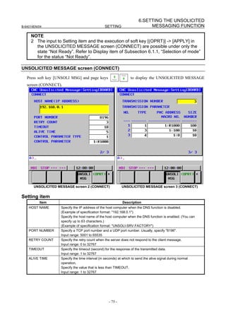 6.SETTING THE UNSOLICITED
B-64014EN/04                                    SETTING                   MESSAGING FUNCTION

     NOTE
     2 The input to Setting item and the execution of soft key [(OPRT)] -> [APPLY] in
       the UNSOLICITED MESSAGE screen (CONNECT) are possible under only the
       state “Not Ready”. Refer to Display item of Subsection 6.1.1, “Selection of mode”
       for the status “Not Ready”.

UNSOLICITED MESSAGE screen (CONNECT)

   Press soft key [UNSOLI MSG] and page keys                    to display the UNSOLICITED MESSAGE
   screen (CONNECT).




       UNSOLICITED MESSAGE screen 2 (CONNECT)              UNSOLICITED MESSAGE screen 3 (CONNECT)


Setting item
          Item                                             Description
    HOST NAME       Specify the IP address of the host computer when the DNS function is disabled.
                    (Example of specification format: "192.168.0.1")
                    Specify the host name of the host computer when the DNS function is enabled. (You can
                    specify up to 63 characters.)
                    (Example of specification format: "UNSOLI-SRV.FACTORY")
    PORT NUMBER     Specify a TCP port number and a UDP port number. Usually, specify "8196".
                    Input range: 5001 to 65535
    RETRY COUNT     Specify the retry count when the server does not respond to the client message.
                    Input range: 0 to 32767
    TIMEOUT         Specify the timeout (second) for the response of the transmitted data.
                    Input range: 1 to 32767
    ALIVE TIME      Specify the time interval (in seconds) at which to send the alive signal during normal
                    operation.
                    Specify the value that is less than TIMEOUT.
                    Input range: 1 to 32767




                                                  - 75 -
 
