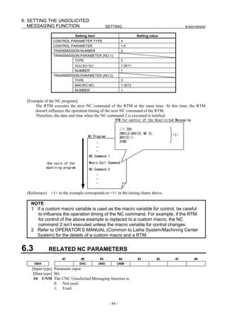 6. SETTING THE UNSOLICITED
   MESSAGING FUNCTION                                SETTING                                      B-64014EN/04


                             Setting item                                Setting value
                 CONTROL PARAMETER TYPE                         4
                 CONTROL PARAMETER                              1:0
                 TRANSMISSION NUMBER                            2
                 TRANSMISSION PARAMETER (NO.1)
                           TYPE                                 3
                           MACRO NO.                            1:3011
                           NUMBER                               1
                 TRANSMISSION PARAMETER (NO.2)
                           TYPE                                 3
                           MACRO NO.                            1:3012
                           NUMBER                               1


  [Example of the NC program]
      The RTM executes the next NC command of the RTM at the same time. At this time, the RTM
      doesn't influence the operation timing of the next NC command of the RTM.
      Therefore, the date and time when the NC command 2 is executed is notified.
                                                          RTM for control of the Unsolicited Messaging

                                                               //1 ZDO;
                                                               ZWHILE[#RV[0] NE 0];        <1>
                                       NC Program              #RV[0]=1;
                                            ・                  ZEND;
                                            ・
                                            ・
                                       NC Command 1

             One cycle of the          Macro Call Command
             machining program         NC Command 2
                                            ・
                                            ・
                                            ・

  (Reference) <1> in the example corresponds to <1> in the timing charts above.

    NOTE
    1 If a custom macro variable is used as the macro variable for control, be careful
       to influence the operation timing of the NC command. For example, if the RTM
       for control of the above example is replaced to a custom macro, the NC
       command 2 isn’t executed unless the macro variable for control changes.
    2 Refer to OPERATOR’S MANUAL (Common to Lathe System/Machining Center
      System) for the details of a custom macro and a RTM.


6.3           RELATED NC PARAMETERS
                      #7         #6             #5             #4        #3           #2     #1          #0
      0904                       DHC         DNS           UNM
    [Input type] Parameter input
     [Data type] Bit
     #4 UNM The CNC Unsolicited Messaging function is:
                 0: Not used.
                 1: Used.


                                                      - 84 -
 