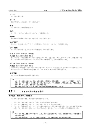 B-64014JA/04                       操作         1.データサーバ機能の操作.

  コピー
   ファイルを複写します。

  サーチ
   現在の作業フォルダ内でファイルを検索します。

  移動
   ファイルをフォルダ間で移動します。

  PUT
   データサーバのファイルをホストコンピュータに転送します。

  MPUT
   データサーバの複数ファイルをホストコンピュータに転送します。

  LIST-PUT
   リストファイルに従って、データサーバの複数ファイルをホストコンピュータに転送します。

  LIST-削除
   リストファイルに従って、データサーバの複数ファイルを削除します。

  リード（Series 30i/31i/32i-A の場合）
  F 入力（Series 30i/31i/32i-B の場合）
   ホストコンピュータ内の NC プログラムを CNC のプログラム記憶メモリへ入力します。     データサーバの動作モードが
   ストレージモードかつ EDIT モードかつ NC パラメータ No.20 が「5」の時のみ操作できます。

  パンチ（Series 30i/31i/32i-A の場合）
  F 出力（Series 30i/31i/32i-B の場合）
   CNC のプログラム記憶メモリの NC プログラムをホストコンピュータへ出力します。      データサーバの動作モードがス
   トレージモードかつ EDIT モードかつ NC パラメータ No.20 が「5」の時のみ操作できます。

  表示更新
   プログラム一覧画面の表示内容を更新します。

       注
           ソフトキーの操作において、［フォルダ作成］、［削除］、［名前変更］、［コピー］、［移動］、［LIST-
           削除］は、メモリ保護キーの対象となります。従いまして、メモリ保護キーが有効な場合は、“書込み禁止
           です”のエラーとなり、操作を行うことができません。
           メモリ保護キーにつきましては、CNC の結合説明書(機能編)を参照してください。


1.2.1          ファイル一覧の表示と操作

表示更新、概略表示、詳細表示
   ファイル一覧の内容の更新、表示内容の切り替えを行います。

   1    ソフトキー［表示更新］を押すと、ファイル一覧の内容が更新されます。
   2    ソフトキー［概略表示］を押すと、ファイル名、サイズ、日付で表示されます。
   3    ソフトキー［詳細表示］を押すと、ファイル属性およびコメント付で表示されます。ファイルの O 番号の直後に
        あるコメント文を表示します。コメント文が存在しない場合は、ファイルの先頭からの内容を表示します。

       注
       1 メインプログラム選択されているファイルおよびメモリ運転中のファイルは、詳細表示でコメント部の表示
         が行われません。
       2 ファイル属性の表示は、バイナリファイルの場合に、コメントの右横に”R/B”と表示されます。


                                   - 93 -
 