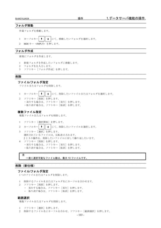 B-64014JA/04                      操作        1.データサーバ機能の操作.

フォルダ移動
   作業フォルダを移動します。


   1   カーソルキー         にて、移動したいフォルダを選択します。
   2   MDI キー <INPUT> を押します。


フォルダ作成
   新規にフォルダを作成します。

   1   新規フォルダを作成したいフォルダに移動します。
   2   フォルダ名を入力します。
   3   ソフトキー［フォルダ作成］を押します。


削除
  ファイル/フォルダ指定
   ファイルまたはフォルダを削除します。


   1   カーソルキー         にて、削除したいファイルまたはフォルダを選択します。
   2   ソフトキー［削除］を押します。
       ・実行する場合は、ソフトキー［実行］を押します。
       ・取り消す場合は、ソフトキー［取消］を押します。

  複数ファイル指定
   複数ファイルまたはフォルダを削除します。

   1   ソフトキー［選択開始］を押します。
   2   カーソルキー         にて、削除したいファイルを選択します。
   3   ソフトキー［選択］を押します。
       選択されているファイルは、反転表示されます。
       2 と 3 の操作を、削除したいファイルに対して繰り返し行います。
   4   ソフトキー［削除］を押します。
       ・実行する場合は、ソフトキー［実行］を押します。
       ・取り消す場合は、ソフトキー［取消］を押します。

       注
           一度に選択可能なファイル数は、最大 10 ファイルです。


削除（新仕様）
  ファイル/フォルダ指定
   1 つのファイルまたはフォルダを削除します。

   1   削除するファイル名またはフォルダ名にカーソルを合わせます。
   2   ソフトキー［削除］を押します。
       ・ 実行する場合は、ソフトキー［実行］を押します。
       ・ 取り消す場合は、ソフトキー［取消］を押します。

  範囲選択
   複数ファイルまたはフォルダを削除します。

   1   ソフトキー［選択］を押します。
   2   削除するファイル名にカーソルを合わせ、ソフトキー［範囲選択］を押します。
                                 - 103 -
 