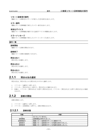 B-64014JA/04                      操作        2.機械リモート診断機能の操作


  リモート診断受付番号
   機械リモート診断受付けサーバが発行した受付番号を表示します。

  エラー番号
   機械リモート診断機能で発生したエラー番号を表示します。

  有効なデバイス
   機械リモート診断機能が動作できる通信デバイスの種類を表示します。

  エラーメッセージ
   機械リモート診断機能で発生したエラーメッセージを表示します。


操作一覧
  診断開始
   機械リモート診断を開始させます。

  診断終了
   機械リモート診断を強制終了させます。

  問合せ先 1
   問合せ先 1 を選択します。

  問合せ先 2
   問合せ先 2 を選択します。

  問合せ先 3
   問合せ先 3 を選択します。


2.1.1            問合せ先の選択
   問合せ先を、問合せ先 1 から問合せ先 3 の中から選択します。

   1   ソフトキー［(操作)］を押します。
   2   ソフトキー［問合せ先 1］を押すと、問合せ先 1 が選択されます。
   3   同様に、ソフトキー［問合せ先 2］を押すと問合せ先 2 が、ソフトキー［問合せ先 3］を押すと問合せ先 3 が選択
       されます。


2.1.2            診断の開始
   診断を開始します。

   1   ソフトキー［(操作)］を押します。
   2   ソフトキー［診断開始］を押すと、診断が開始されます。


 2.1.2.1          診断状態
                状態                         内容
                  ---    なにもしていません。
                診断開始     [診断開始]が押されました。
               診断開始中     機械リモート診断受付サーバに接続中です。
                診断受付     機械リモート診断受付サーバが診断を受付けました。
                診断拒否     機械リモート診断受付サーバが診断を拒否しました。

                                 - 111 -
 