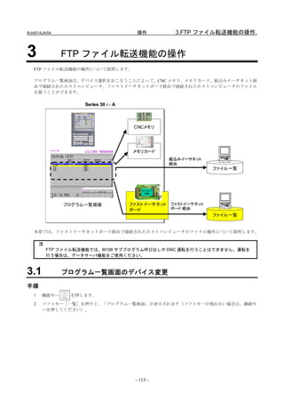 B-64014JA/04                             操作             3.FTP ファイル転送機能の操作.


3              FTP ファイル転送機能の操作
   FTP ファイル転送機能の操作について説明します。

   プログラム一覧画面は、デバイス選択をおこなうことによって、CNC メモリ、メモリカード、組込みイーサネット経
   由で接続されたホストコンピュータ、ファストイーサネットボード経由で接続されたホストコンピュータのファイル
   を扱うことができます。

                     Series 30 i - A




                                        CNCメモリ




                                        メモリカード
                                                       組込みイーサネット
                                                       経由
                                                                   ファイル一覧



                                           AT A ｶｰﾄﾞ
                                             不要



               プログラム一覧画面               ファストイーサネット ファストイーサネット
                                       ボード        ボード 経由
                                                                   ファイル一覧


   本章では、ファストイーサネットボード経由で接続されたホストコンピュータのファイル操作について説明します。

       注
           FTP ファイル転送機能では、M198 サブプログラム呼び出しや DNC 運転を行うことはできません。運転を
           行う場合は、データサーバ機能をご使用ください。



3.1            プログラム一覧画面のデバイス変更

手順
   1   機能キー      を押します。
   2   ソフトキー［一覧］を押すと、「プログラム一覧画面」が表示されます（ソフトキーが現れない場合は、継続キ
       ーを押してください）。




                                        - 113 -
 