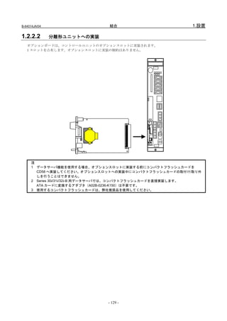 B-64014JA/04                  結合                         1.設置

1.2.2.2        分離形ユニットへの実装
   オプションボードは、コントロールユニットのオプションスロットに実装されます。
   1 スロットを占有します。オプションスロットに実装の制約はありません。




     注
     1 データサーバ機能を使用する場合、オプションスロットに実装する前にコンパクトフラッシュカードを
       CD58 へ実装してください。オプションスロットへの実装中にコンパクトフラッシュカードの取付け/取り外
       しを行うことはできません。
     2 Series 30i/31i/32i-B 用データサーバでは、コンパクトフラッシュカードを直接実装します。
       ATA カードに変換するアダプタ（A02B-0236-K150）は不要です。
     3 使用するコンパクトフラッシュカードは、弊社推奨品を使用してください。




                             - 129 -
 