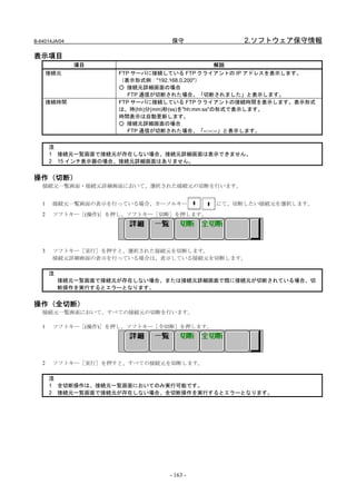 B-64014JA/04                     保守             2.ソフトウェア保守情報

表示項目
               項目                                  解説
       接続元            FTP サーバに接続している FTP クライアントの IP アドレスを表示します。
                      （表示形式例："192.168.0.200"）
                      ○ 接続元詳細画面の場合
                         FTP 通信が切断された場合、「切断されました」と表示します。
       接続時間           FTP サーバに接続している FTP クライアントの接続時間を表示します。表示形式
                      は、時(hh)分(mm)秒(ss)を"hh:mm:ss"の形式で表示します。
                      時間表示は自動更新します。
                      ○ 接続元詳細画面の場合
                         FTP 通信が切断された場合、「--:--:--」と表示します。


       注
       1 接続元一覧画面で接続元が存在しない場合、接続元詳細画面は表示できません。
       2 15 インチ表示器の場合、接続元詳細画面はありません。


操作（切断）
   接続元一覧画面・接続元詳細画面において、選択された接続元の切断を行います。


   1    接続元一覧画面の表示を行っている場合、カーソルキー         にて、切断したい接続元を選択します。
   2    ソフトキー［(操作)］を押し、ソフトキー［切断］を押します。




   3    ソフトキー［実行］を押すと、選択された接続元を切断します。
        接続元詳細画面の表示を行っている場合は、表示している接続元を切断します。

       注
           接続元一覧画面で接続元が存在しない場合、または接続元詳細画面で既に接続元が切断されている場合、切
           断操作を実行するとエラーとなります。


操作（全切断）
   接続元一覧画面において、すべての接続元の切断を行います。

   1    ソフトキー［(操作)］を押し、ソフトキー［全切断］を押します。




   2    ソフトキー［実行］を押すと、すべての接続元を切断します。

       注
       1 全切断操作は、接続元一覧画面においてのみ実行可能です。
       2 接続元一覧画面で接続元が存在しない場合、全切断操作を実行するとエラーとなります。




                                - 163 -
 