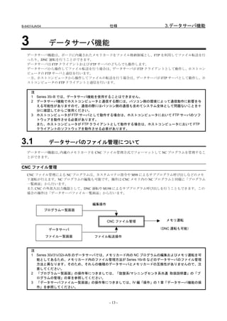 B-64014JA/04                       仕様                   3.データサーバ機能


3               データサーバ機能
   データサーバ機能は、ボードに内蔵されたメモリカードをファイル格納領域とし、FTP を利用してファイル転送を行
   ったり、DNC 運転を行うことができます。
   データサーバは FTP クライアントおよび FTP サーバのどちらでも動作します。
   データサーバから操作してファイル転送を行う場合は、データサーバが FTP クライアントとして動作し、ホストコン
   ピュータの FTP サーバと通信を行います。
   一方、ホストコンピュータから操作してファイルの転送を行う場合は、データサーバが FTP サーバとして動作し、ホ
   ストコンピュータの FTP クライアントと通信を行います。

     注
     1 Series 35i-B では、データサーバ機能を使用することはできません。
     2 データサーバ機能でホストコンピュータと通信する際には、パソコン側の環境によって通信動作に影響を与
       える可能性がありますので、通信の際にはパソコン側の通信も含めてシステム全体として問題ないことを十
       分に確認してからご使用ください。
     3 ホストコンピュータが FTP サーバとして動作する場合は、ホストコンピュータにおいて FTP サーバのソフ
       トウェアを動作させる必要があります。
       また、ホストコンピュータが FTP クライアントとして動作する場合は、ホストコンピュータにおいて FTP
       クライアントのソフトウェアを動作させる必要があります。



3.1             データサーバのファイル管理について
   データサーバ機能は、内蔵のメモリカードを CNC ファイル管理方式でフォーマットして NC プログラムを管理するこ
   とができます。


CNC ファイル管理
   CNC ファイル管理による NC プログラムは、カスタムマクロ指令や M98 によるサブプログラム呼び出しなどのメモ
   リ運転が行えます。NC プログラムの編集も可能です。操作は CNC メモリ内の NC プログラムと同様に「プログラム
   一覧画面」から行います。
   また CNC の外部入出力機器として、DNC 運転や M198 によるサブプログラム呼び出しを行うこともできます。この
   場合の操作は「データサーバファイル一覧画面」から行います。


                            編集操作
               プログラム一覧画面


                                   CNC ファイル管理           メモリ運転

                データサーバ                               （DNC 運転も可能）

               ファイル一覧画面      ファイル転送操作



     注
     1 Series 30i/31i/32i-A/B のデータサーバでは、メモリカード内の NC プログラムの編集およびメモリ運転を可
       能としてあるため、メモリカード内のファイル管理方法が Series 16i-B などのデータサーバのファイル管理
       方法と異なります。そのため、それらの機種のデータサーバとメモリカードの互換性がありませんので、注
       意してください。
     2 「プログラム一覧画面」の操作等につきましては、「旋盤系/マシニングセンタ系共通 取扱説明書」の「プ
       ログラムの管理」の章を参照してください。
     3 「データサーバファイル一覧画面」の操作等につきましては、IV 編「操作」の 1 章「データサーバ機能の操
       作」を参照してください。



                                   - 13 -
 