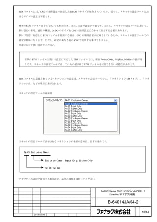 EDS ファイルには、CNC の割付設定で指定した DI/DO のサイズが保存されています。従って、スキャナの設定ツールにお

    けるサイズの設定は不要です。



    標準の EDS ファイルはどの CNC でも利用でき、また、任意の設定が可能です。ただし、スキャナの設定ツールにおいて、

    割付設定の番号、通信の種類、DI/DO のサイズを CNC の割付設定に合わせて指定する必要があります。

    割付け設定に対応した EDS ファイルを使用する場合、CNC の割付設定が反映されているため、スキャナの設定ツールでの

    設定が簡単になります。ただし、設定が異なる他の CNC で使用する事はできません。

    用途に応じて使い分けてください。



     注
         標準の EDS ファイルと割付け設定に対応した EDS ファイルでは、項目 ProductCode、MajRev, MinRev の値が同

         じです。スキャナの設定ツールでは、これらの値が同じ EDS ファイルを区別できない可能性があります。



スキャナの設定ツールにおけるコネクションの選択
    EDS ファイルに記載されているコネクションの設定は、スキャナの設定ツールでは、「コネクション I/O タイプ」、「コネ

    クション名」などの項目に表示されます。



    スキャナの設定ツールの画面例




    スキャナの設定ツールで表示されるコネクションの名前の意味は、以下の通りです。



      No.01 Exclusive Owner


                           Exclusive Owner, Input Only, Listen Only があり、通信の種類です。


                           No.01∼No.04 があり、割付設定の番号です。



    アダプタとの通信で使用する割付設定、通信の種類を選択してください。



                                                           名     FANUC Series 30i/31i/32i/35i –MODEL B
                                                           称           EtherNet/IP アダプタ機能

                                                           図
                                                           番           B-64014JA/04-2
                                                                                               ペ
版    年月日      担当                     変更内容                                                      ー   10/44
    作成        2011.01.06     担当     保坂      承認      務台                                         ジ
 