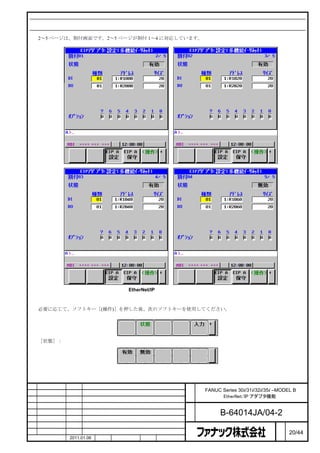 割付画面

    2～5 ページは、割付画面です。2～5 ページが割付 1～4 に対応しています。




                                   EtherNet/IP アダプタ設定画面（割付）



    必要に応じて、ソフトキー［(操作)］を押した後、次のソフトキーを使用してください。




    ［状態］：




                                                   名    FANUC Series 30i/31i/32i/35i –MODEL B
                                                   称          EtherNet/IP アダプタ機能

                                                   図
                                                   番          B-64014JA/04-2
                                                                                      ペ
版    年月日    担当                変更内容                                                    ー   20/44
    作成      2011.01.06   担当   保坂       承認    務台                                       ジ
 