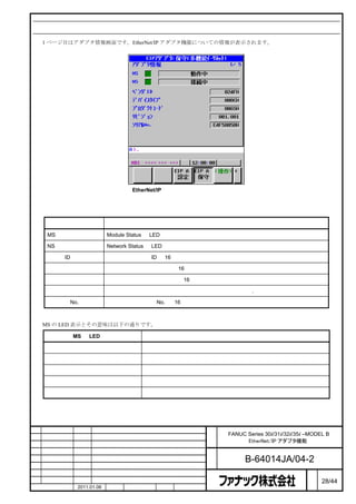 アダプタ情報画面

    1 ページ目はアダプタ情報画面です。EtherNet/IP アダプタ機能についての情報が表示されます。




                                  EtherNet/IP アダプタ保守画面（アダプタ情報）



表示項目
          表示項目                                         説明

     MS                     Module Status の LED 表示と、その意味を表示します。

     NS                     Network Status の LED 表示と、その意味を表示します。

     ベンダ ID                 アダプタのベンダ ID が 16 進数で表示されます。

     デバイスタイプ                アダプタのデバイスタイプが 16 進数で表示されます。

     プロダクトコード               アダプタのプロダクトコードが 16 進数で表示されます。

     リビジョン                  アダプタのリビジョンが表示されます。メジャーリビジョン.マイナーリビジョンです。

     シリアル No.               アダプタのシリアル No. が 16 進数で表示されます。



    MS の LED 表示とその意味は以下の通りです。

              MS の LED 表示                                   意味

    消灯                                 機能無効

    点滅（緑）                              準備中

    点灯（緑）                              動作中

    点滅（赤）                              回復可能なｴﾗｰ

    点灯（赤）                              致命的なｴﾗｰ




                                                       名    FANUC Series 30i/31i/32i/35i –MODEL B
                                                       称          EtherNet/IP アダプタ機能

                                                       図
                                                       番           B-64014JA/04-2
                                                                                          ペ
版    年月日       担当                  変更内容                                                   ー   28/44
    作成         2011.01.06   担当    保坂      承認      務台                                      ジ
 