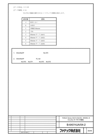 [データ形式] バイト形

    [データ範囲] -1～6

               それぞれの機能を動作させるハードウェアの種類を指定します。



                設定値                      意味
                   -1     使用しない

                   0      未設定

                   1      多機能 Ethernet

                   2      予約

                   3      Ethernet ボード (slot1)

                   4      Ethernet ボード (slot2)

                   5      Ethernet ボード (slot3)

                   6      Ethernet ボード (slot4)



    注
    1.   EtherNet/IP アダプタ機能は、パラメータ No.970 で指定したイーサネット機能を動作させるハードウェアにお

         いて、イーサネット機能と一緒に動作します。
    2.   EtherNet/IP アダプタ機能は、FL-net 機能と同じハードウェアで動作させることはできません。従って、パラ

         メータ No.970 と No.971、または No.970 と No.972 を同じ値にすることはできません。




                                                      名   FANUC Series 30i/31i/32i/35i –MODEL B
                                                      称         EtherNet/IP アダプタ機能

                                                      図
                                                      番         B-64014JA/04-2
                                                                                        ペ
版    年月日     担当                    変更内容                                                 ー   35/44
    作成       2011.01.06   担当      保坂        承認   務台                                     ジ
 
