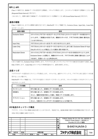 RPI と API
    Class 1 の通信では、DI/DO データを送受信する間隔を、スキャナが指定します。このスキャナが要求する間隔のことを、RPI

    (Requested Packet Interval)と呼びます。

    これに対して、実際の通信で DI/DO データが送受信されている間隔のことを API (Actual Packet Interval)と呼びます。



通信の種類
    Class 1 の通信には、以下の 4 種類の通信があります。EtherNet/IP スキャナ機能では、Exclusive Owner、Input Only、Listen Only

    をサポートします。

           通信の種類                                          説明

     Exclusive Owner            スキャナからアダプタへの DO データとアダプタからスキャナへの DI データの両方をやり

                                とりします。二重書込みを防ぐため、複数のスキャナが、アダプタの同じ領域に書き込む

                                ことはできません。

     Input Only                 アダプタからスキャナへの DI データだけをやりとりします。

     Listen Only                アダプタからスキャナへの DI データだけをやりとりします。他に Exclusive Owner か Input

                                Only のコネクションが確立している場合に限り有効です。

     Redundant Owner            スキャナからアダプタへの DO とアダプタからスキャナへの DI の両方をやりとりします。

                                Exclusive Owner とは異なり、複数のスキャナが、アダプタの同じ領域に書き込むことが

                                できます。冗長オーナーとも呼ばれます。

    1 対 1 の通信では、Exclusive Owner を使用します。アダプタから多くのスキャナにアダプタの DO 信号を通知する場合、Input

    Only を使用します。Listen Only はモニタなどの特殊用途向けで、通常は使用しません。



送信トリガ
    アダプタのデータ送信を行うタイミングを指定します。スキャナは、通常サイクリックで、アダプタと同じ送信トリガを使

    用することも可能です。

    EtherNet/IP スキャナ機能では、アダプタの送信トリガはすべてサポートしますが、スキャナの送信トリガはサイクリックの

    みをサポートします。

          トリガの種類                                          説明

     サイクリック                     RPI の値に従って、定期的にデータを送信します。

     状態変化                       RPI の値に従って、定期的にデータを送信します。

                                さらに、機器の状態が変化した場合、即座にデータを送信します。

     アプリケーション                   RPI の値に従って、定期的にデータを送信します。

                                さらに、任意のタイミングでデータを送信することも可能です。



I/O 転送のネットワーク構成
    アダプタ、スキャナ共に複数の設定を持つことができます。各設定では、DI/DO 領域の場所や送信間隔を指定できます。設

    定毎に異なる機器と通信できます。


                                                               FANUC Series 30i /31i /32i /35i –MODEL B
                                                         名        FANUC Power Motion i –MODEL A
                                                         称           EtherNet/IP スキャナ機能

                                                         図
                                                         番            B-64014JA/04-3
                                                                                               ペ
                                                                                               ー
版    年月日           担当                   変更内容                                                   ジ    7/84
    作成             2011.08.10   担当   保坂        承認   務台
 