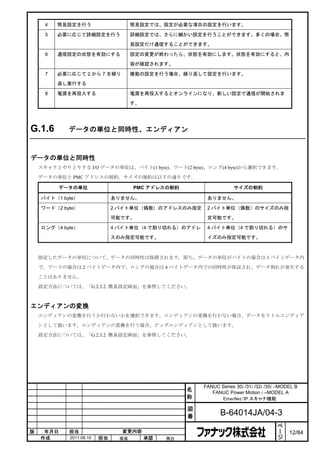 4   簡易設定を行う                     簡易設定では、設定が必要な項目の設定を行います。

     5   必要に応じて詳細設定を行う               詳細設定では、さらに細かい設定を行うことができます。多くの場合、簡

                                     易設定だけ通信することができます。

     6   通信設定の状態を有効にする               設定の変更が終わったら、状態を有効にします。状態を有効にすると、内

                                     容が確認されます。

     7   必要に応じて 2.から 7.を繰り           複数の設定を行う場合、繰り返して設定を行います。

         返し実行する

     8   電源を再投入する                    電源を再投入するとオンラインになり、新しい設定で通信が開始されま

                                     す。




G.1.6       データの単位と同時性、エンディアン



データの単位と同時性
    スキャナとやりとりする I/O データの単位は、バイト(1 byte)、ワード(2 byte)、ロング(4 byte)から選択できます。

    データの単位と PMC アドレスの制約、サイズの制約は以下の通りです。

         データの単位                      PMC アドレスの制約                    サイズの制約

    バイト（1 byte）               ありません。                     ありません。

    ワード（2 byte）               2 バイト単位（偶数）のアドレスのみ指定       2 バイト単位（偶数）のサイズのみ指

                              可能です。                      定可能です。

    ロング（4 byte）               4 バイト単位（4 で割り切れる）のアドレ      4 バイト単位（4 で割り切れる）のサ

                              スのみ指定可能です。                 イズのみ指定可能です。



    指定したデータの単位について、データの同時性は保障されます。即ち、データの単位がバイトの場合は１バイトデータ内

    で、ワードの場合は 2 バイトデータ内で、ロングの場合は 4 バイトデータ内での同時性が保証され、データ割れが発生する

    ことはありません。

    設定方法については、「G.2.3.2 簡易設定画面」を参照してください。



エンディアンの変換
    エンディアンの変換を行うか行わないかを選択できます。エンディアンの変換を行わない場合、データをリトルエンディア

    ンとして扱います。エンディアンの変換を行う場合、ビッグエンディアンとして扱います。

    設定方法については、「G.2.3.2 簡易設定画面」を参照してください。




                                                        FANUC Series 30i /31i /32i /35i –MODEL B
                                                    名      FANUC Power Motion i –MODEL A
                                                    称         EtherNet/IP スキャナ機能

                                                    図
                                                    番          B-64014JA/04-3
                                                                                        ペ
                                                                                        ー
版    年月日    担当                  変更内容                                                    ジ   12/84
    作成      2011.08.10   担当     保坂        承認   務台
 