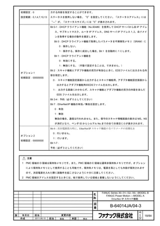 初期設定：0                 力する内容を指定することができます。

    設定範囲：0,1,4,7,10,13     ステータスを使用しない場合、“0”を設定してください。「ステータスアドレス」には

                           “---”が、「ステータスサイズ」には“0”が表示されます。

                           Bit 0-1：DHCP クライアント機能（No.904#6）を使用して DHCP サーバから自 IP アドレ

                                ス、サブネットマスク、ルータ IP アドレス、DNS サーバ IP アドレス 1, 2、自ドメイ

                                ンを取得する場合の動作を規定します。

                                Bit 0：DHCP クライアント機能で取得したパラメータを不揮発性メモリ（SRAM）に

                                  0：保存しない。

                                  1：保存する。保存に成功した場合、Bit 1 を自動的に 1 にします。

                                Bit 1：DHCP クライアント機能を

                                  0：有効にする。

                                  1：無効にする。（手動で設定することは、できません。）

                           Bit 2：スキャナ機能とアダプタ機能の双方が有効なときに、EDSファイルに出力される内
    オプション 1
                           容を指定します。
    初期設定：00000000
                             0： スキャナ機能設定画面から出力するとスキャナ機能用、アダプタ機能設定画面から

                                 出力するとアダプタ機能用のEDSファイルを出力します。

                             1： 出力する画面にかかわらず、スキャナ機能とアダプタ機能の双方の内容を含んだ

                                 EDS ファイルを出力します。

                           Bit 3-4：予約（必ず 0 としてください）

                           Bit 7：EtherNet/IP 機能の有効／無効を設定します。

                                0：有効

                                1：無効

                                無効の場合、通信は行われません。また、保守のスキャナ情報画面の表示は MS、NS

                                が消灯となり、ベンダ ID からシルアル No.までの全ての項目に０が表示されます。

                           Bit 0：次回電源投入時に、EtherNet/IP スキャナ機能の全パラメータの初期化を

                             0：行いません。
    オプション 2
                             1：行います。
    初期設定：00000000
                           Bit 1-7：

                           予約（必ず 0 としてください）



        注意
    1   PMC 領域の D 領域は保持形メモリです。また、PMC 領域の E 領域は通常非保持形メモリですが、オプション

        により保持形メモリとして使用することも可能です。保持形メモリは、電源を落としても内容が保持されます

        ので、次回電源を入れた際に誤動作を起こさないように十分に注意してください。
    2   PMC 領域のアドレスを設定するときには、他で使用している領域と重複しないようにしてください。




                                                           FANUC Series 30i /31i /32i /35i –MODEL B
                                                       名      FANUC Power Motion i –MODEL A
                                                       称         EtherNet/IP スキャナ機能

                                                       図
                                                       番          B-64014JA/04-3
                                                                                           ペ
                                                                                           ー
版    年月日     担当                       変更内容                                                 ジ   18/84
    作成        2011.08.10   担当     保坂         承認   務台
 