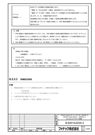 DI/DO データを格納する領域を指定します。

                               「種類」が“00:UNUSED”の場合、値を設定することはできません。

                               「種類」が“01:PMC”の場合、DI/DO データを格納する PMC 領域の先頭アドレスを指
        アドレス
                               定します。R、Ｄ、Ｅ領域が指定できます。
        初期設定：---
                               設定範囲は PMC の R 領域、E 領域、D 領域の実際の範囲に依存します。

                               設定の際には「サイズ」の設定も考慮して、PMC 領域の範囲外にならないようにする必

                               要があります。



             注意
        1   PMC 領域の D 領域は保持形メモリです。また、PMC 領域の E 領域は通常非保持形メモリですが、オプション

            により保持形メモリとして使用することも可能です。保持形メモリは、電源を落としても内容が保持されます

            ので、次回電源を入れた際に誤動作を起こさないように十分に注意してください。
        2   PMC 領域のアドレスを設定するときには、他で使用している領域と重複しないようにしてください。



        注

            多系統 PMC の場合、

                  ＜系統番号＞：＜PMC アドレス＞

            と入力します。

            例えば、PMC 2 系統目の R0500 の場合は、“2：R500”と入力します。

            ＜系統番号＞は省略ができ、省略した場合（R500）、1 系統目（1:R0500）として処理されます。
            [：]キーがない場合は、[／]キーまたは[EOB]キーで代用できます。“：”は省略することもできます。




G.2.3.3           詳細設定画面

手順
    1       簡易設定画面でソフトキー[詳細設定]を押すと、詳細設定画面に移動します。


    2       ページキー              によってページを切り換えることができます。

    3       必要な設定項目に値を入力します。

    4       ソフトキー[一覧]を押して『設定一覧画面』に戻ります。




                                                         FANUC Series 30i /31i /32i /35i –MODEL B
                                                     名      FANUC Power Motion i –MODEL A
                                                     称         EtherNet/IP スキャナ機能

                                                     図
                                                     番          B-64014JA/04-3
                                                                                         ペ
                                                                                         ー
版    年月日          担当                変更内容                                                 ジ   24/84
    作成            2011.08.10   担当   保坂     承認   務台
 