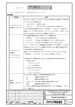 [送信トリガ]：



    ソフトキー［簡易設定］を押すと、簡易設定画面に戻ることができます。

設定項目
           設定項目                                                 説明

                           ターゲット（アダプタ）とオリジネータ（スキャナ）間のデータの転送を、1 対多で行う

                           か、1 対 1 で行うかを設定します。

                               マルチキャスト           ：1 対多で行います。
    トランスポートタイプ
                               ユニキャスト            ：1 対 1 で行います。（Point-to-Point とも呼びます。）
    初期設定：ユニキャスト
                           T⇒O の方向のみ値を変更できます。O⇒T の方向は、“ユニキャスト”で固定です。

                           設定は、ソフトキーを用いて行います。ソフトキー［トランスポート］を押し、［マル

                           チキャスト］または［ユニキャスト］を選択してください。

                           データの転送で使用されるヘッダのフォーマットを設定します。

                               RUN/IDLE      ：32 ビットの Run/Idle フラグを使用します。

                               モードレス         ：Run/Idle フラグは使用せず、かつ、サイズが 1 以上です。

                               ハートビート        ：Run/Idle フラグは使用せず、かつ、サイズが 0 です。

                           O ⇒ T ヘッダフォーマットが初期設定のままの場合、サイズを参照して 1 以上なら

                           RUN/IDLE、0 ならハートビートに自動的に切り替わります。画面から値を設定すると、

                           それ以降は指定した値が使用されます。
    ヘッダフォーマット
                           設定は、ソフトキーを用いて行います。ソフトキー［ヘッダフォーマット］を押し、
    初期設定：
                           ［RUN/IDLE］、［モードレス］、[ハートビート]から選択してください。
    T ⇒ O モードレス

    O ⇒ T ハートビート
                           この設定はアダプタ機器に依存しますが、以下の組み合わせが良く使用されます。

                               Exclusive Owner

                                   T ⇒ O：モードレス

                                   O ⇒ T：RUN/IDLE

                               Input Only または Listen Only

                                   T ⇒ O：モードレス

                                   O ⇒ T：ハートビート

                           EtherNet/IP のデータ転送における処理の優先度を設定します。

                               低：            低優先度で送信を行います。

                               高：            高優先度で送信を行います。
    優先度
                               スケジュール： RPI で指定した間隔で定期的に送信を行います。
    初期設定：スケジュール
                               緊急：           緊急優先度で送信を行います。

                           T ⇒ O のデータ転送の優先度のみ値を変更できます。O ⇒ T の優先度は、“スケジュ

                           ール”で固定です。

                                                                     FANUC Series 30i /31i /32i /35i –MODEL B
                                                            名           FANUC Power Motion i –MODEL A
                                                            称              EtherNet/IP スキャナ機能

                                                            図
                                                            番               B-64014JA/04-3
                                                                                                     ペ
                                                                                                     ー
版    年月日    担当                    変更内容                                                               ジ   27/84
    作成       2011.08.10   担当     保坂        承認        務台
 