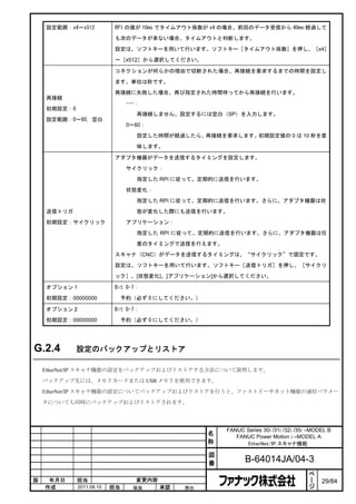 設定範囲：x4～x512           RPI の値が 10ms でタイムアウト係数が x4 の場合、前回のデータ受信から 40ms 経過して

                           も次のデータが来ない場合、タイムアウトと判断します。

                           設定は、ソフトキーを用いて行います。ソフトキー［タイムアウト係数］を押し、［x4］

                           ～［x512］から選択してください。

                           コネクションが何らかの理由で切断された場合、再接続を要求するまでの時間を設定し

                           ます。単位は秒です。

                           再接続に失敗した場合、再び指定された時間待ってから再接続を行います。
    再接続
                                ---：
    初期設定：0
                                   再接続しません。設定するには空白（SP）を入力します。
    設定範囲：0～60, 空白
                                0～60：

                                   設定した時間が経過したら、再接続を要求します。初期設定値の 0 は 10 秒を意

                                   味します。

                           アダプタ機器がデータを送信するタイミングを設定します。

                                サイクリック：

                                   指定した RPI に従って、定期的に送信を行います。

                                状態変化：

                                   指定した RPI に従って、定期的に送信を行います。さらに、アダプタ機器は状

    送信トリガ                          態が変化した際にも送信を行います。

    初期設定：サイクリック                 アプリケーション：

                                   指定した RPI に従って、定期的に送信を行います。さらに、アダプタ機器は任

                                   意のタイミングで送信を行えます。

                           スキャナ（CNC）がデータを送信するタイミングは、“サイクリック”で固定です。

                           設定は、ソフトキーを用いて行います。ソフトキー［送信トリガ］を押し、［サイクリ

                           ック］、[状態変化]、[アプリケーション]から選択してください。

    オプション１                 Bit 0-7：

    初期設定：00000000              予約（必ず 0 にしてください。）

    オプション２                 Bit 0-7：

    初期設定：00000000              予約（必ず 0 にしてください。）




G.2.4        設定のバックアップとリストア

    EtherNet/IP スキャナ機能の設定をバックアップおよびリストアする方法について説明します。

    バックアップ先には、メモリカードまたは USB メモリを使用できます。

    EtherNet/IP スキャナ機能の設定についてバックアップおよびリストアを行うと、ファストイーサネット機能の通信パラメー

    タについても同時にバックアップおよびリストアされます。




                                                        FANUC Series 30i /31i /32i /35i –MODEL B
                                                    名      FANUC Power Motion i –MODEL A
                                                    称         EtherNet/IP スキャナ機能

                                                    図
                                                    番          B-64014JA/04-3
                                                                                        ペ
                                                                                        ー
版    年月日     担当                    変更内容                                                 ジ   29/84
    作成       2011.08.10   担当      保坂      承認   務台
 