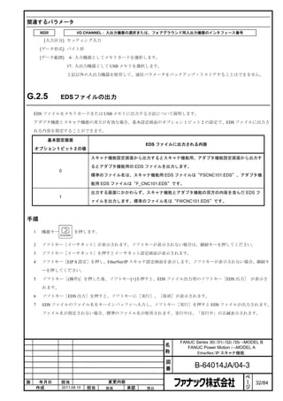 関連するパラメータ
         0020              I/O CHANNEL : 入出力機器の選択または、フォアグラウンド用入出力機器のインタフェース番号

          [入力区分] セッティング入力

        [データ形式] バイト形

        [データ範囲]        4: 入力機器としてメモリカードを選択します。

                      17: 入出力機器として USB メモリを選択します。

                      上記以外の入出力機器を使用して、通信パラメータをバックアップ・リストアすることはできません。




G.2.5            EDSファイルの出力

    EDS ファイルをメモリカードまたは USB メモリに出力する方法について説明します。

    アダプタ機能とスキャナ機能の双方が有効な場合、基本設定画面のオプション 1 ビット 2 の設定で、EDS ファイルに出力さ

    れる内容を指定することができます。

            基本設定画面
                                                  EDS ファイルに出力される内容
    オプション 1 ビット 2 の値

                                 スキャナ機能設定画面から出力するとスキャナ機能用、アダプタ機能設定画面から出力す

                                 るとアダプタ機能用の EDS ファイルを出力します。
                0
                                 標準のファイル名は、スキャナ機能用 EDS ファイルは“FSCNC101.EDS”、アダプタ機

                                 能用 EDS ファイルは“F_CNC101.EDS”です。

                                 出力する画面にかかわらず、スキャナ機能とアダプタ機能の双方の内容を含んだ EDS フ
                1
                                 ァイルを出力します。標準のファイル名は“FWCNC101.EDS”です。



手順

    1    機能キー             を押します。


    2    ソフトキー［イーサネット］が表示されます。ソフトキーが表示されない場合は、継続キーを押してください。

    3    ソフトキー［イーサネット］を押すとイーサネット設定画面が表示されます。

    4    ソフトキー［EIP S 設定］を押し、EtherNet/IP スキャナ設定画面を表示します。ソフトキーが表示されない場合、継続キ

         ーを押してください。

    5     ソフトキー［(操作)］を押した後、ソフトキー[+]を押すと、EDS ファイル出力用のソフトキー［EDS 出力］ が表示さ

          れます。

    6     ソフトキー［EDS 出力］を押すと、ソフトキーに［実行］、［取消］が表示されます。

    7     EDS ファイルのファイル名をキーインバッファへ入力し、ソフトキー［実行］を押すと EDS ファイルが出力されます。

          ファイル名が指定されない場合、標準のファイル名が使用されます。実行中は、「実行中」が点滅表示されます。




                                                            FANUC Series 30i /31i /32i /35i –MODEL B
                                                       名       FANUC Power Motion i –MODEL A
                                                       称          EtherNet/IP スキャナ機能

                                                        図
                                                        番          B-64014JA/04-3
                                                                                            ペ
                                                                                            ー
版        年月日     担当                   変更内容                                                  ジ   32/84
        作成          2011.08.10   担当   保坂     承認   務台
 