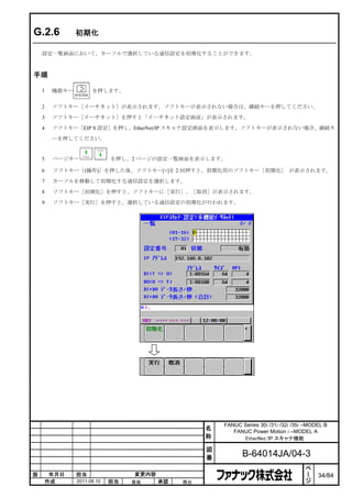G.2.6          初期化

    設定一覧画面において、カーソルで選択している通信設定を初期化することができます。



手順

    1   機能キー         を押します。


    2   ソフトキー［イーサネット］が表示されます。ソフトキーが表示されない場合は、継続キーを押してください。

    3   ソフトキー［イーサネット］を押すと「イーサネット設定画面」が表示されます。

    4   ソフトキー［EIP S 設定］を押し、EtherNet/IP スキャナ設定画面を表示します。ソフトキーが表示されない場合、継続キ

        ーを押してください。


    5   ページキー               を押し、2 ページの設定一覧画面を表示します。

    6   ソフトキー［(操作)］を押した後、ソフトキー[+]を 2 回押すと、初期化用のソフトキー［初期化］ が表示されます。

    7   カーソルを移動して初期化する通信設定を選択します。

    8   ソフトキー［初期化］を押すと、ソフトキーに［実行］、［取消］が表示されます。

    9   ソフトキー［実行］を押すと、選択している通信設定の初期化が行われます。




                                                      FANUC Series 30i /31i /32i /35i –MODEL B
                                                  名      FANUC Power Motion i –MODEL A
                                                  称         EtherNet/IP スキャナ機能

                                                  図
                                                  番          B-64014JA/04-3
                                                                                      ペ
                                                                                      ー
版    年月日       担当                変更内容                                                 ジ   34/84
    作成         2011.08.10   担当   保坂     承認   務台
 