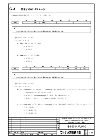 G.3               関連するNCパラメータ

    EtherNet/IP 機能に関連するパラメータは、以下の通りです。


                        #7          #6         #5        #4       #3           #2          #1             #0
      904                           DHC       DNS



     注

         このパラメータを設定した場合には一旦電源を切断する必要があります。



         [入力区分] パラメータ入力

     [データ形式] ビット形

            #5   DHC：DHCP クライアント機能

                     0：使用しない

                     1：使用する



            #6   DNS：DNS クライアント機能

                     0：使用しない
                     1：使用する


                        #7          #6        #5        #4    #3              #2         #1         #0
      907                                                                    100        FUL         FIX



     注

         このパラメータを設定した場合には一旦電源を切断する必要があります。



         [入力区分] パラメータ入力

     [データ形式] ビット形

            #0   FIX：EtherNet/IP アダプタ機能および EtherNet/IP スキャナ機能が動作しているハードウェアにおいて、イーサネ

                      ット通信のオート・ネゴシエーションは、

                     0：有効です。（10Mbps/100Mbps, 全二重/半二重を自動判別する。）
                     1：無効です。（設定は、以下の#1 FUL、#2 100 で指定する。）



            #1   FUL：EtherNet/IP アダプタ機能および EtherNet/IP スキャナ機能が動作しているハードウェアにおいて、イーサ

                      ネットの通信は、

                     0：半二重通信です。

                     1：全二重通信です。


                                                                       FANUC Series 30i /31i /32i /35i –MODEL B
                                                              名           FANUC Power Motion i –MODEL A
                                                              称              EtherNet/IP スキャナ機能

                                                              図
                                                              番               B-64014JA/04-3
                                                                                                          ペ
                                                                                                          ー
版    年月日          担当                      変更内容                                                            ジ    44/84
    作成            2011.08.10   担当        保坂        承認   務台
 