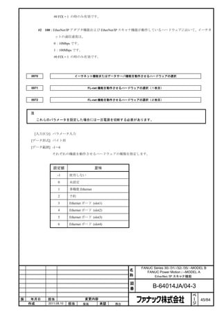 #0 FIX = 1 の時のみ有効です。



            #2   100：EtherNet/IP アダプタ機能および EtherNet/IP スキャナ機能が動作しているハードウェアにおいて、イーサネ

                      ットの通信速度は、

                     0：10Mbps です。

                     1：100Mbps です。

                     #0 FIX = 1 の時のみ有効です。




     0970                         イーサネット機能またはデータサーバ機能を動作させるハードウェアの選択


     0971                                 FL-net 機能を動作させるハードウェアの選択（１枚目）


     0972                                 FL-net 機能を動作させるハードウェアの選択（２枚目）



    注

        これらのパラメータを設定した場合には一旦電源を切断する必要があります。



        [入力区分] パラメータ入力

    [データ形式] バイト形

    [データ範囲] -1～6

                    それぞれの機能を動作させるハードウェアの種類を指定します。



                     設定値                      意味
                        -1     使用しない

                        0      未設定

                        1      多機能 Ethernet

                        2      予約

                        3      Ethernet ボード (slot1)

                        4      Ethernet ボード (slot2)

                        5      Ethernet ボード (slot3)

                        6      Ethernet ボード (slot4)




                                                               FANUC Series 30i /31i /32i /35i –MODEL B
                                                           名      FANUC Power Motion i –MODEL A
                                                           称         EtherNet/IP スキャナ機能

                                                           図
                                                           番          B-64014JA/04-3
                                                                                               ペ
                                                                                               ー
版    年月日          担当                    変更内容                                                   ジ   45/84
    作成            2011.08.10   担当      保坂        承認   務台
 