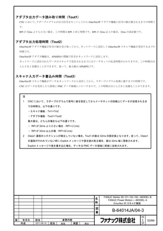 アダプタ出力データ読み取り時間（Tout1）
    CNC において、ラダープログラムが出力信号をセットしてから EtherNet/IP アダプタ機能に信号の値が渡されるまでの時間で

    す。

    RPI が 32ms よりも小さい場合、この時間は RPI と同じ時間です。RPI が 32ms 以上の場合、32ms の固定値です。



アダプタ出力処理時間（Tout2）
    EtherNet/IP アダプタ機能が信号の値を受け取ってから、ネットワークに送信して EtherNet/IP スキャナ機能が受信するまでの

    時間です。

    EtherNet/IP アダプタ機能は、API(RPI)の間隔で信号をネットワークに送信します。

    ネットワークに送信されたデータがスキャナで受信されるまでにはイーサネットの伝送時間がかかりますが、この時間はほ

    とんど 0 と見積ることができます。従って、最大値は API(RPI)です。



スキャナ入力データ書込み時間（Tout3）
    EtherNet/IP スキャナ機能がデータをネットワークから受信してから、ラダープログラム処理に渡すまでの時間です。

    CNC はデータを受信したら即座に PMC データ領域にコピーするので、この時間はほとんど 0 と見積ることができます。



     注
     1   CNC において、ラダープログラムで信号に値を設定してからイーサネットの回線上にデータが送信されるま

         での時間は、以下の通りです。

         ・スキャナ機能：Tin1+Tin2

         ・アダプタ機能：Tout1+Tout2

         最大値は、どちらの場合も以下の通りです。

         ・ RPI が 32ms より小さい場合：RPI×2 (ms)

         ・ RPI が 32ms 以上の場：RPI+32 (ms)
     2   Class1 通信のコネクションが確立していない場合、Tout1 の値は 32ms の固定値となります。従って、Class1

         の通信が行われていない時に Explicit メッセージで値を読み取る場合、値は 32ms 毎に更新されます。
         Explicit メッセージで値を書き込む場合、データは PMC データ領域に即座に反映されます。




                                                       FANUC Series 30i /31i /32i /35i –MODEL B
                                                   名      FANUC Power Motion i –MODEL A
                                                   称         EtherNet/IP スキャナ機能

                                                   図
                                                   番          B-64014JA/04-3
                                                                                       ペ
                                                                                       ー
版    年月日     担当                 変更内容                                                   ジ   53/84
    作成        2011.08.10   担当   保坂       承認   務台
 