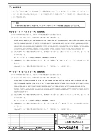 データの同時性

    ラダープログラムで、DI データまたは DO データを扱う場合、ロングデータ（4 バイトデータ）単位、ワードデータ（2 バ

    イトデータ）単位のそれぞれの場合において、以下の制約条件内で、複数バイトデータの同時性（データ割れが発生しない

    こと）が保証されます。



        注意

       本節の制約条件を守れない場合には、ロングデータやワードデータの同時性を保証できなくなります。



ロングデータ（4 バイトデータ）の同時性
    データの同時性を保証するには、下記の二つの条件を遵守する必要があります。

    ① ラダープログラムにおいて、以下の命令を 4 バイト単位で使用すること。
      MOVD, MOVN, XMOVB, SETND, XCHGD, DSCHB, TBLRD, TBLWD, DSEQD, DSNED, DSGTD, DSLTD, DSGED, DSLED,

      DMAXD, DMIND, EQD, NED, GTD, LTD, GED, LED, RNGD, COMPB, EOR, AND, OR, NOT, EORD, ANDD, ORD, NOTD,

      SHLD, SHRD, ROLD, RORD, BSETD, BRSTD, BTSTD, BPOSD, BCNTD, CODB, DCNVB, DECB, TBCDD, FBCDD, ADDB,

      SUBB, MULB, DIVB, NUMEB, ADDSD, SUBSD, MULSD, DIVSD, MODSD, INCSD, DECSD, ABSSD, NEGSD 命令

    ② EtherNet/IP アダプタ機能の割付画面において、DI/DO データを割り付ける際に「アドレス」と「サイズ」を 4 バイト単

      位で設定すること。

      例）アドレス/サイズ           1:R0000/4, 1:R0004/8, 1:R0008/12, 1:E0000/16

    ③ EtherNet/IP アダプタ機能の割付画面において、オプション Bit 0 を“0”、Bit 1 を“1”とし、データの単位を 4 バイトに

      すること。

      EtherNet/IP スキャナ機能の簡易設定画面において、データ単位を 4 バイトに設定すること。



ワードデータ（2 バイトデータ）の同時性
    データの同時性を保証するには、下記の二つの条件を遵守する必要があります。

    ① ラダープログラムにおいて、以下の命令を 2 バイト単位で使用すること。
      MOVW, MOVN, XMOVB, SETNW, XCHGW, DSCHB, TBLRW, TBLWW, DSEQW, DSNEW, DSGTW, DSLTW, DSGEW,

      DSLEW, DMAXW, DMINW, EQW, NEW, GTW, LTW, GEW, LEW, RNGW, COMPB, EOR, AND, OR, NOT, EORW, ANDW,

      ORW, NOTW, SHLW, SHRW, ROLW, RORW, BSETW, BRSTW, BTSTW, BPOSW, BCNTW, CODB, DCNVB, DECB,

      TBCDW, FBCDW, ADDB, SUBB, MULB, DIVB, NUMEB, ADDSW, SUBSW, MULSW, DIVSW, MODSW, INCSW, DECSW,

      ABSSW, NEGSW 命令

    ② EtherNet/IP アダプタ機能の割付画面において、DI/DO データを割り付ける際に「アドレス」と「サイズ」を 2 バイト単

      位で設定すること。

      例）アドレス/サイズ           1:R0000/2, 2:R0002/4, 3:R0004/6, 1:E0002/8

    ③ EtherNet/IP アダプタ機能の割付画面において、オプションの Bit 0 を“1”、Bit 1 を“0”とし、データの単位を 2 バイト

      にすること。

      EtherNet/IP スキャナ機能の簡易設定画面において、データ単位を 2 バイトに設定すること。


                                                                            FANUC Series 30i /31i /32i /35i –MODEL B
                                                                        名      FANUC Power Motion i –MODEL A
                                                                        称         EtherNet/IP スキャナ機能

                                                                        図
                                                                        番          B-64014JA/04-3
                                                                                                            ペ
                                                                                                            ー
版    年月日      担当                       変更内容                                                                 ジ   56/84
    作成        2011.08.10   担当        保坂         承認         務台
 