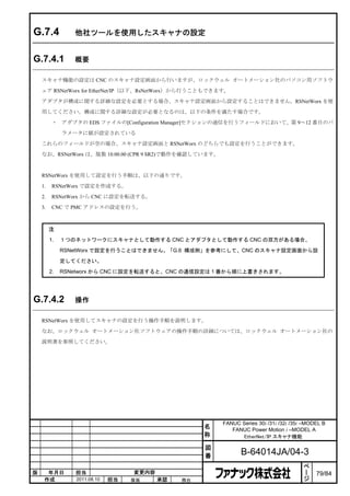 G.7.4            他社ツールを使用したスキャナの設定


G.7.4.1          概要

    スキャナ機能の設定は CNC のスキャナ設定画面から行いますが、ロックウェル オートメーション社のパソコン用ソフトウ

    ェア RSNetWorx for EtherNet/IP（以下、RsNetWorx）から行うこともできます。

    アダプタが構成に関する詳細な設定を必要とする場合、スキャナ設定画面から設定することはできません。RSNetWorx を使

    用してください。構成に関する詳細な設定が必要となるのは、以下の条件を満たす場合です。

          ・ アダプタの EDS ファイルの[Configuration Manager]セクションの通信を行うフィールドにおいて、第 9～12 番目のパ

              ラメータに値が設定されている

    これらのフィールドが空の場合、スキャナ設定画面と RSNetWorx のどちらでも設定を行うことができます。

    なお、RSNetWorx は、版数 10.00.00 (CPR 9 SR2)で動作を確認しています。



    RSNetWorx を使用して設定を行う手順は、以下の通りです。

    1.    RSNetWorx で設定を作成する。

    2.    RSNetWorx から CNC に設定を転送する。

    3.    CNC で PMC アドレスの設定を行う。



         注
         1.   １つのネットワークにスキャナとして動作する CNC とアダプタとして動作する CNC の双方がある場合、
              RSNetWorx で設定を行うことはできません。「G.6 構成例」を参考にして、CNC のスキャナ設定画面から設

              定してください。
         2.   RSNetworx から CNC に設定を転送すると、CNC の通信設定は 1 番から順に上書きされます。




G.7.4.2          操作

    RSNetWorx を使用してスキャナの設定を行う操作手順を説明します。

    なお、ロックウェル オートメーション社ソフトウェアの操作手順の詳細については、ロックウェル オートメーション社の

    説明書を参照してください。




                                                         FANUC Series 30i /31i /32i /35i –MODEL B
                                                    名       FANUC Power Motion i –MODEL A
                                                    称          EtherNet/IP スキャナ機能

                                                    図
                                                    番           B-64014JA/04-3
                                                                                         ペ
                                                                                         ー
版     年月日        担当                変更内容                                                  ジ   79/84
     作成          2011.08.10   担当   保坂     承認   務台
 