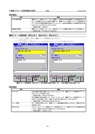 5.機械リモート診断機能の設定              設定                         B-64014JA/04


設定項目
        項目                                 解説
 MTB 識別情報         機械リモート診断パッケージが、機械メーカ殿の自社製の機械からの診断要求であ
                  ることを確認するために必要な情報です。機械リモート診断パッケージの診断受付
                  サーバの MTB 識別情報を設定することにより、    自社製の機械からの診断要求のみ受
                  け付けることができるようになります。
                  （指定形式例："FANUC"）
 機械識別情報           機械リモート診断パッケージで、      診断を行っている機械を識別するための情報です。
                  （指定形式例："217XXX-1011XXXXX"）


機械リモート診断画面（問合せ先 1、問合せ先 2、問合せ先 3）
 ソフトキー［リモート診断］を押すと機械リモート診断画面が表示されます。
 ページキー        により問合せ先 1，2，3 の 3 台分のホストコンピュータの設定が行えます。




    機械リモート診断画面（問合せ先 1）DNS 機能が無効な場合（左）、DNS 機能が有効な場合（右）

設定項目
         項目                                 解説
 ホスト名             DNS 機能が無効な場合には、ホストコンピュータ（機械リモート診断受付サーバ）
                  の IP アドレスを指定します。
                  （指定形式例："200.201.202.203"）
                  DNS 機能が有効な場合には、ホストコンピュータ（機械リモート診断受付サーバ）
                  のホスト名を指定します。(最大 63 文字まで指定することができます)
                  （指定形式例："RMTDIAG.FANUC.CO.JP"）
 ポート番号            ポート番号を指定します。機械リモート診断機能を使用しますので、通常は"8194"
                  を指定します。
 問合せ先名            ホストコンピュータ（機械リモート診断受付サーバ）を識別するための情報を指定
                  します。(最大 63 文字まで指定することができます)
                  （指定形式例："FANUC LTD."）




                             - 60 -
 