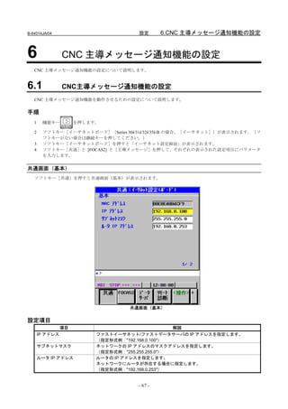 B-64014JA/04                         設定       6.CNC 主導メッセージ通知機能の設定


6                CNC 主導メッセージ通知機能の設定
   CNC 主導メッセージ通知機能の設定について説明します。


6.1              CNC主導メッセージ通知機能の設定
   CNC 主導メッセージ通知機能を動作させるための設定について説明します。

手順
   1    機能キー          を押します。

   2    ソフトキー［イーサネットボード］（Series 30i/31i/32i/35i-B の場合、［イーサネット］）が表示されます。（ソ
        フトキーがない場合は継続キーを押してください。）
   3    ソフトキー［イーサネットボード］を押すと「イーサネット設定画面」が表示されます。
   4    ソフトキー［共通］と [FOCAS2] と［主導メッセージ］を押して、それぞれの表示された設定項目にパラメータ
        を入力します。


共通画面（基本）
   ソフトキー［共通］を押すと共通画面（基本）が表示されます。




                                   共通画面（基本）

設定項目
                 項目                                解説
       IP アドレス             ファストイーサネット/ファストデータサーバの IP アドレスを指定します。
                           （指定形式例："192.168.0.100"）
       サブネットマスク            ネットワークの IP アドレスのマスクアドレスを指定します。
                           （指定形式例："255.255.255.0"）
       ルータ IP アドレス         ルータの IP アドレスを指定します。
                           ネットワークにルータが存在する場合に指定します。
                           （指定形式例："192.168.0.253"）


                                     - 67 -
 