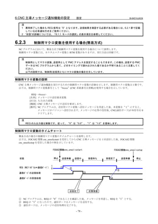 6.CNC 主導メッセージ通知機能の設定                               設定                                   B-64014JA/04


   注
   1 異常終了した場合も REQ 信号は ”0” となります。送信結果を確認する必要がある場合には、6.2.1 節で記載
     している応答通知方式をご使用ください。
   2 “状態”の詳細については、「6.1.1 モードの選択」の表示項目を参照してください。


6.2.3        制御用マクロ変数を使用する場合(簡易方式)
 NC プログラムにおいて、簡易方式で制御用マクロ変数を使用する場合について説明します。
 制御用マクロ変数には、カスタムマクロ変数と RTM 変数がありますが、実行方法は同様です。

   注
       制御用としてマクロ変数、  送信用として PMC アドレスを設定することもできます。この場合、送信する PMC
       データは NC プログラムから見て、どのタイミングで読み出された値であるか不明であることに注意してく
       ださい。
       以下の説明では、制御用/送信用ともにマクロ変数の場合を示しています。


制御用マクロ変数の説明
 CNC 主導メッセージ通知機能を実行するための制御用マクロ変数の詳細を示します。制御用マクロ変数は１個です。
 以下は、制御用マクロ変数番号として“#xxxx”(CNC 系統番号は省略)を使用する場合を示しています。

           REQ   <#xxxx>
          [名称]   メッセージの送信要求変数
          [区分]   入力/出力変数
          [機能]   CNC 主導メッセージの送信を要求します。
          [動作]   NC プログラムは、送信用マクロ変数へ送信メッセージを用意した後、本変数を“１”にすると、
                 メッセージがパソコンへ送信されます。メッセージの応答の受信後、CNC(通信ボード)が本信号を 0
                 クリアします。

   注
       REQ の入出力値は実数です。従って、“0”は“0.0”、“1”は“1.0”を意味します。


制御用マクロ変数のタイムチャート
 簡易方式の場合の制御用マクロ変数のタイムチャートを説明します。
 以下は、FOCAS2 関数 cnc_unsolicstart を受信してから CNC 主導メッセージを 1 回送信した後、FOCAS2 関数
 cnc_unsolicstop を受信した場合の例を示しています。

                                FOCAS2関数cnc_unsolicstart                    FOCAS2関数cnc_unsolicstop


  状態                            停止     送信準備      送信中           受信待ち   受信完了        送信準備        停止


                            1
  REQ (NCﾌﾟﾛｸﾞﾗﾑ⇔通信ﾎﾞｰﾄﾞ)   0         ①      ②
                                                                              ⑤
 通信ﾎﾞｰﾄﾞの送信処理                                              ③

  通信ﾎﾞｰﾄﾞの受信処理                                                          ④




                                             送信完了              応答受信


 ① NC プログラムは、REQ が“0”であることを確認した後、メッセージを用意し、REQ を“1”とする。
 ② REQ が“1”になったので、通信ボードはメッセージを送信する。
 ③ 通信ボードは、メッセージの送信処理を完了する。

                                                  - 78 -
 