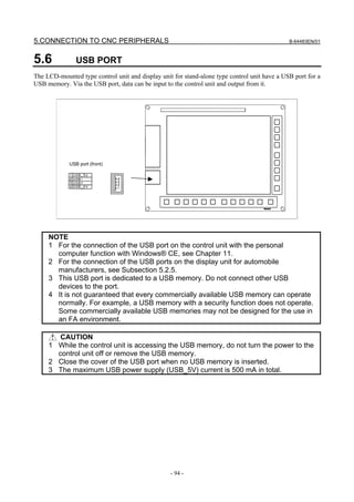 5.CONNECTION TO CNC PERIPHERALS                                                               B-64483EN/01



5.6             USB PORT
The LCD-mounted type control unit and display unit for stand-alone type control unit have a USB port for a
USB memory. Via the USB port, data can be input to the control unit and output from it.




             USB port (front)




     NOTE
     1 For the connection of the USB port on the control unit with the personal
       computer function with Windows® CE, see Chapter 11.
     2 For the connection of the USB ports on the display unit for automobile
       manufacturers, see Subsection 5.2.5.
     3 This USB port is dedicated to a USB memory. Do not connect other USB
       devices to the port.
     4 It is not guaranteed that every commercially available USB memory can operate
       normally. For example, a USB memory with a security function does not operate.
       Some commercially available USB memories may not be designed for the use in
       an FA environment.

        CAUTION
     1 While the control unit is accessing the USB memory, do not turn the power to the
       control unit off or remove the USB memory.
     2 Close the cover of the USB port when no USB memory is inserted.
     3 The maximum USB power supply (USB_5V) current is 500 mA in total.




                                                  - 94 -
 