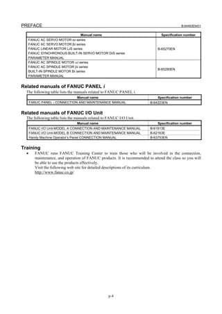 PREFACE                                                                                     B-64483EN/01


                                Manual name                                      Specification number
   FANUC AC SERVO MOTOR αi series
   FANUC AC SERVO MOTOR βi series
   FANUC LINEAR MOTOR LiS series                                               B-65270EN
   FANUC SYNCHRONOUS BUILT-IN SERVO MOTOR DiS series
   PARAMETER MANUAL
   FANUC AC SPINDLE MOTOR αi series
   FANUC AC SPINDLE MOTOR βi series
                                                                               B-65280EN
   BUILT-IN SPINDLE MOTOR Bi series
   PARAMETER MANUAL


Related manuals of FANUC PANEL i
  The following table lists the manuals related to FANUC PANEL i.
                              Manual name                                      Specification number
      FANUC PANEL i CONNECTION AND MAINTENANCE MANUAL                     B-64223EN


Related manuals of FANUC I/O Unit
  The following table lists the manuals related to FANUC I/O Unit.
                                 Manual name                                   Specification number
      FANUC I/O Unit-MODEL A CONNECTION AND MAINTENANCE MANUAL            B-61813E
      FANUC I/O Unit-MODEL B CONNECTION AND MAINTENANCE MANUAL            B-62163E
      Handy Machine Operator’s Panel CONNECTION MANUAL                    B-63753EN


Training
  •      FANUC runs FANUC Training Center to train those who will be involved in the connection,
         maintenance, and operation of FANUC products. It is recommended to attend the class so you will
         be able to use the products effectively.
         Visit the following web site for detailed descriptions of its curriculum.
         http://www.fanuc.co.jp/




                                                   p-4
 