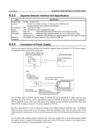 B-64483EN/01                                                            6.SERVO AND SPINDLE INTERFACES

6.3.3              Separate Detector Interface Unit Specification
          Item                                                        Specification
    Power supply     Voltage 24 VDC ±10%
    capacity               Current: 0.9 A (basic unit only), 1.5 A (basic unit + additional unit)
                           Includes the power to be supplied to the detectors.
    Consumption      9W     (for basic four axes)
    power            14W (for basic four axes + additional four axes)
    Ordering         Basic unit          : A02B-0323-C205 (Separate detector I/F unit for basic four axes)
    information      Additional unit     : A02B-0323-C204 (Separate detector I/F unit for additional four axes)
                     Analog basic unit : A06B-6061-C202 (Analog input separate detector I/F unit for basic four axes)
    Method of        An interface unit can be installed by using screws or a DIN rail.
    installation


6.3.4              Connection of Power Supply
   Power to the separate detector interface unit should be supplied from an external 24 V DC power supply.
   An additional unit is powered by a basic unit.
                        Separate detector interface unit
                        (basic unit or analog basic unit)                             External power supply

                            CP11A
                                                                                 24 VDC regulated power
                             1     +24V                                          supply
                             2       0V                                          24 VDC ±10%
                             3
                                     GND



                        Cable

                         CP11A
                         Tyco Electronics
                         1-178288-3 (housing)               Use a terminal available with the
                         1-175218-5 (contact)               24 VDC power supply.
                                                                                       External power supply

                                       +24V (1)                                   +24V
                                         0V (2)                                   0V
                                                                                  FG

                       Cable material    : AWG20-16                        Make a jumper between 0 V
                       Recommended cable : A02B-0124-K830(5m)              and FG to connect ground.
                                           (Crimp terminal of size M3 is available
                                           on the external power supply side)

   The 24 VDC input to CP11A can be output at CP11B for use in branching. A cable with the same
   specifications as for CP11A can be connected to connector CP11B. In this case, the power supplied to
   CP11A should be equal to the sum of the rating of the separate detector interface unit and that of the units
   after CP11B. A current of up to 1.5 A can be supplied via CP11A.

   Be sure to ground the 0-V line of the power supply to the separate detector interface unit. In addition,
   keep any noise source (such as an AC power cable and contactor) away from the power line of the
   separate detector interface unit as far as possible to prevent noise from being picked up through the power
   line.

   For all units of the separate detector interface unit, secure the ground line to the ground terminal (GND)
   for signals, which is located at the bottom of each unit, with an M3 screw as shown in the figure below.
   Connect the ground line to the ground plate of the cabinet.

                                                            - 101 -
 