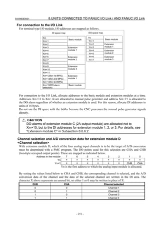 B-64483EN/01                  8.UNITS CONNECTED TO FANUC I/O Link i AND FANUC I/O Link

 For connection to the I/O Link
   For terminal type I/O module, I/O addresses are mapped as follows.
                                 DI space map                        DO space map

                         Xm                                          Yn
                                                    Basic module                    Basic module
                         Xm+1                                        Yn+1
                         Xm+2                                        Yn+2           Extension
                         Xm+3                       Extension        Yn+3           module 1
                         Xm+4                       module 1         Yn+4           Extension
                         Xm+5                                        Yn+5           module 2
                         Xm+6                       Extension        Yn+6           Extension
                         Xm+7                       module 2         Yn+7           module 3
                         Xm+8
                         Xm+9                       Extension
                         Xm+10                      module 3
                         Xm+11
                         Xm+12(for 1st MPG)         Extension
                         Xm+13(for 2nd MPG)         module 1
                         Xm+14(for 3rd MPG)
                         Xm+15(DO alarm             Basic module
                         detection)


   For connection to the I/O Link, allocate addresses to the basic module and extension modules at a time.
   Addresses Xm+12 to Xm+14 are allocated to manual pulse generator and address Xm+15 is allocated to
   the DO alarm regardless of whether an extension module is used. For this reason, allocate DI addresses in
   units of 16 bytes.
   Do not use the DI space with the ladder because the CNC processes the manual pulse generator signals
   directly.

          CAUTION
         DO alarms of extension module C (2A output module) are allocated not to
         Xm+15, but to the DI addresses for extension module 1, 2, or 3. For details, see
         “Extension module C” in Subsection 8.6.6.2.

 Channel selection and A/D conversion data for extension module D
 <Channel selection>
   With extension module D, which of the four analog input channels is to be the target of A/D conversion
   must be determined with a PMC program. The DO points used for this selection are CHA and CHB
   (two-byte occupied output points). These are mapped as indicated below.
                    Address in the module       7          6         5      4         3         2       1     0
                                      Yn        ×          ×         ×      ×         ×         ×       ×     ×
                                    Yn+1        ×          ×         ×      ×         ×         ×      CHB   CHA
                                            Yn is the first address to which the analog input module is allocated.

   By setting the values listed below to CHA and CHB, the corresponding channel is selected, and the A/D
   conversion data of the channel and the data of the selected channel are written in the DI area. The
   character X above represents an unused bit, so either 1 or 0 may be written in place of X.
               CHB                            CHA                                   Channel selected
                0                               0                                      Channel 1
                0                               1                                      Channel 2
                1                               0                                      Channel 3
                1                               1                                      Channel 4




                                                           - 251 -
 