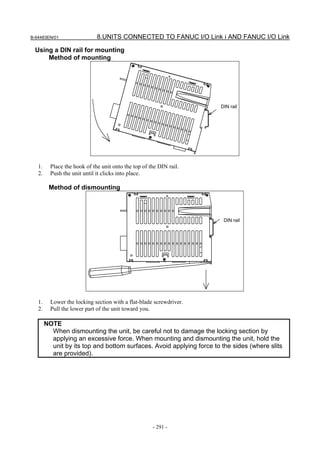 B-64483EN/01                  8.UNITS CONNECTED TO FANUC I/O Link i AND FANUC I/O Link

 Using a DIN rail for mounting
     Method of mounting




                                                                       DIN rail




   1.     Place the hook of the unit onto the top of the DIN rail.
   2.     Push the unit until it clicks into place.

         Method of dismounting




                                                                        DIN rail




   1.     Lower the locking section with a flat-blade screwdriver.
   2.     Pull the lower part of the unit toward you.

        NOTE
          When dismounting the unit, be careful not to damage the locking section by
          applying an excessive force. When mounting and dismounting the unit, hold the
          unit by its top and bottom surfaces. Avoid applying force to the sides (where slits
          are provided).




                                                      - 291 -
 