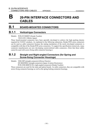 B. 20-PIN INTERFACE
   CONNECTORS AND CABLES                     APPENDIX                                        B-64483EN/01




B            20-PIN INTERFACE CONNECTORS AND
             CABLES
B.1          BOARD-MOUNTED CONNECTORS

B.1.1        Vertical-type Connectors
 Models: PCR-EV20MDT (Honda Tsushin)
           52618-2011 (Molex Japan)
 These board-mounted connectors have been specially developed to achieve the high packing density
 required for FANUC products. As explained in the following subsection, Honda PCR series connectors
 can be used as cable connectors because the mating mechanism of the newly developed connectors is
 compatible with that of the Honda PCR series connectors. To support this specification extensively, many
 connector manufacturers are now developing custom-tailored cable connectors. (Note that these cables
 cannot be used with screw-fixing cable connector housings.)

B.1.2        Straight and Right-angled Connectors (for Spring and
             Screw-fixing Connector Housings)
 Models: FI80-20P (straight connector) (Hirose Electric)
           DF1R020WB1 (straight connector) (Japan Aviation Electronics)
           PCR-E20LMDETZ-SL (right-angled connector) (Honda Tsushin)
 These connectors are used for the main and option boards. As cable connectors, they are compatible with
 screw-fixing connector housings as well as the spring locking connector housings.




                                                - 392 -
 