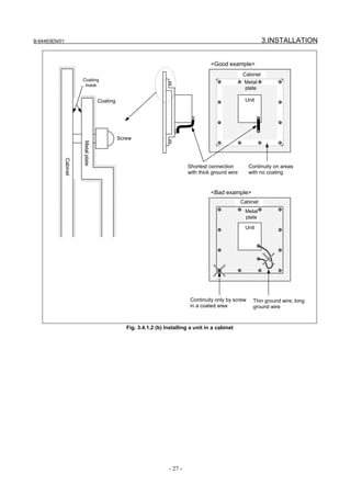 B-64483EN/01                                                                                                      3.INSTALLATION


                                                                                         <Good example>
                                                                                                        Cabinet
                         Coating
                                                                                                        Metal
                          mask
                                                                                                         plate

                                       Coating                                                           Unit




                                                 Screw
                         Metal plate
               Cabinet




                                                                               Shortest connection         Continuity on areas
                                                                               with thick ground wire      with no coating


                                                                                         <Bad example>
                                                                                                        Cabinet
                                                                                                         Metal
                                                                                                         plate

                                                                                                         Unit




                                                                                Continuity only by screw     Thin ground wire, long
                                                                                in a coated area             ground wire



                                                    Fig. 3.4.1.2 (b) Installing a unit in a cabinet




                                                                      - 27 -
 