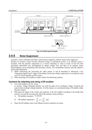 B-64483EN/01                                                                                                                      3.INSTALLATION

                                             C a bine t                                                                  P e nda nt b ox




                          24V D C   S p in dle        S e rvo                  I/O                                     C ontrol     U nit
                                    a m p lifie r     a m p lifie r                                                    un it        rece ivin g
                          pow e r                                              U n it
                                                                                                                                    AC
                          sup ply                                                                                                   volta ge
                                                                                                   D uc t


        T o m otor                                                                                 S hielding
                                                                                                      pla te
        an d th e like


                                                                      C a ble of g rou p A              C ab le o f group B , C


                                                                                             S ection of duc t




                                                                                        G roup A            G rou p B , C
                                                                                                   S hielding pla te


                                               Fig. 3.4.4 Cable layout example


3.4.5              Noise Suppressor
   Actuators, such as solenoids and relays, used in power magnetics cabinets need a noise suppressor.
   Because an actuator, which converts electrical energy to mechanical action, is an inductive load, it
   resonates with the parasitic capacitance in a circuit containing it, when it works on and off, thus
   generating intermittent arcs accompanied by abrupt voltage rises and falls at its contacts, hence
   electromagnetic waves interfering with electronics circuits. As a remediation measure, treat the inductive
   load as described below.
   1) While referencing the processing for cable groups A and B described in Subsection 3.4.4,
         “Separating Signal Lines”, apply a CR snubber circuit and a diode, respectively, to an inductive load
         in an AC circuit and that in a DC circuit.
   2) When selecting a CR snubber or diode, observe the following cautions.

Cautions for selecting and using a CR snubber
   •    Use a CR snubber in an AC circuit.
        A varistor, voltage clamping element, can limit the peak of an oscillating voltage waveform but
        cannot relax an abrupt voltage transition . For this reason, we recommend using a CR snubber rather
        than the varistor.
   •    Determine the rating of the resistor and capacitor in the CR snubber according to the steady-state
        current I (A) and DC resistance RL (Ω) of the inductive load as follows:
        1) CR snubber resistance: R ≅ RL(Ω)
                                        2       2
        2)     CR snubber capacitance: I ≤ C ≤ I (μF)
                                             10                20
   •    Place the CR snubber close to the inductive load to minimize its wiring.




                                                                      - 33 -
 