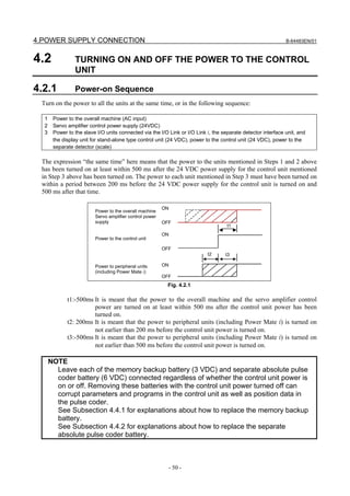 4.POWER SUPPLY CONNECTION                                                                                     B-64483EN/01



4.2             TURNING ON AND OFF THE POWER TO THE CONTROL
                UNIT

4.2.1           Power-on Sequence
 Turn on the power to all the units at the same time, or in the following sequence:

  1    Power to the overall machine (AC input)
  2    Servo amplifier control power supply (24VDC)
  3    Power to the slave I/O units connected via the I/O Link or I/O Link i, the separate detector interface unit, and
       the display unit for stand-alone type control unit (24 VDC), power to the control unit (24 VDC), power to the
       separate detector (scale)

 The expression “the same time” here means that the power to the units mentioned in Steps 1 and 2 above
 has been turned on at least within 500 ms after the 24 VDC power supply for the control unit mentioned
 in Step 3 above has been turned on. The power to each unit mentioned in Step 3 must have been turned on
 within a period between 200 ms before the 24 VDC power supply for the control unit is turned on and
 500 ms after that time.

                                                         ON
                         Power to the overall machine
                         Servo amplifier control power
                         supply                          OFF
                                                                                    t1
                                                         ON
                         Power to the control unit

                                                         OFF
                                                                           t2      t3

                         Power to peripheral units       ON
                         (including Power Mate i)
                                                         OFF
                                                          Fig. 4.2.1

             t1:-500ms It is meant that the power to the overall machine and the servo amplifier control
                       power are turned on at least within 500 ms after the control unit power has been
                       turned on.
             t2: 200ms It is meant that the power to peripheral units (including Power Mate i) is turned on
                       not earlier than 200 ms before the control unit power is turned on.
             t3:-500ms It is meant that the power to peripheral units (including Power Mate i) is turned on
                       not earlier than 500 ms before the control unit power is turned on.

      NOTE
        Leave each of the memory backup battery (3 VDC) and separate absolute pulse
        coder battery (6 VDC) connected regardless of whether the control unit power is
        on or off. Removing these batteries with the control unit power turned off can
        corrupt parameters and programs in the control unit as well as position data in
        the pulse coder.
        See Subsection 4.4.1 for explanations about how to replace the memory backup
        battery.
        See Subsection 4.4.2 for explanations about how to replace the separate
        absolute pulse coder battery.



                                                           - 50 -
 