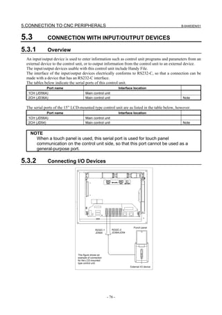 5.CONNECTION TO CNC PERIPHERALS                                                                B-64483EN/01



5.3          CONNECTION WITH INPUT/OUTPUT DEVICES

5.3.1        Overview
 An input/output device is used to enter information such as control unit programs and parameters from an
 external device to the control unit, or to output information from the control unit to an external device.
 The input/output devices usable with this control unit include Handy File.
 The interface of the input/output devices electrically conforms to RS232-C, so that a connection can be
 made with a device that has an RS232-C interface.
 The tables below indicate the serial ports of this control unit.
            Port name                                             Interface location
  1CH (JD56A)                         Main control unit
  2CH (JD36A)                         Main control unit                                         Note

 The serial ports of the 15” LCD-mounted type control unit are as listed in the table below, however.
             Port name                                            Interface location
  1CH (JD56A)                         Main control unit
  2CH (JD54)                          Main control unit                                         Note


   NOTE
     When a touch panel is used, this serial port is used for touch panel
     communication on the control unit side, so that this port cannot be used as a
     general-purpose port.

5.3.2        Connecting I/O Devices




                                                                            Punch panel
                                               R232C-1      R232C-2
                                               JD56A        JD36A/JD54




                                This figure shows an
                                example of connection
                                for the LCD-mounted
                                type control unit.
                                                                         External I/O device




                                                         - 76 -
 