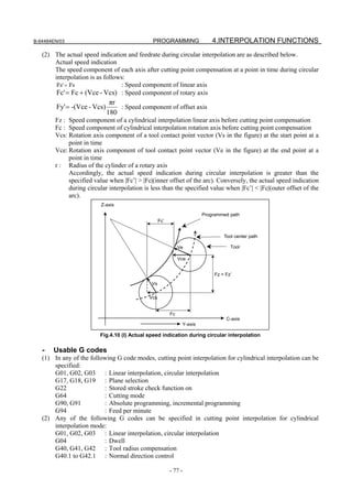 B-64484EN/03                                  PROGRAMMING                   4.INTERPOLATION FUNCTIONS
   (2) The actual speed indication and feedrate during circular interpolation are as described below.
       Actual speed indication
       The speed component of each axis after cutting point compensation at a point in time during circular
       interpolation is as follows:
        Fz' = Fz                  : Speed component of linear axis
        Fc' = Fc + (Vce - Vcs) : Speed component of rotary axis
                              πr
        Fy' = -(Vce - Vcs)       : Speed component of offset axis
                             180
        Fz : Speed component of a cylindrical interpolation linear axis before cutting point compensation
        Fc : Speed component of cylindrical interpolation rotation axis before cutting point compensation
        Vcs: Rotation axis component of a tool contact point vector (Vs in the figure) at the start point at a
             point in time
        Vce: Rotation axis component of tool contact point vector (Ve in the figure) at the end point at a
             point in time
        r : Radius of the cylinder of a rotary axis
             Accordingly, the actual speed indication during circular interpolation is greater than the
             specified value when |Fc’| > |Fc|(inner offset of the arc). Conversely, the actual speed indication
             during circular interpolation is less than the specified value when |Fc’| < |Fc|(outer offset of the
             arc).
                          Z-axis

                                                                        Programmed path
                                                   Fc’


                                                                                 Tool center path

                                                              Ve                    Tool

                                                              Vce


                                                                             Fz = Fz’
                                              Vs

                                             Vcs


                                                         Fc
                                                                                  C-axis
                                                               Y-axis

                         Fig.4.10 (l) Actual speed indication during circular interpolation

   -   Usable G codes
   (1) In any of the following G code modes, cutting point interpolation for cylindrical interpolation can be
       specified:
       G01, G02, G03 : Linear interpolation, circular interpolation
       G17, G18, G19 : Plane selection
       G22                : Stored stroke check function on
       G64                : Cutting mode
       G90, G91           : Absolute programming, incremental programming
       G94                : Feed per minute
   (2) Any of the following G codes can be specified in cutting point interpolation for cylindrical
       interpolation mode:
       G01, G02, G03 : Linear interpolation, circular interpolation
       G04                : Dwell
       G40, G41, G42 : Tool radius compensation
       G40.1 to G42.1 : Normal direction control

                                                         - 77 -
 